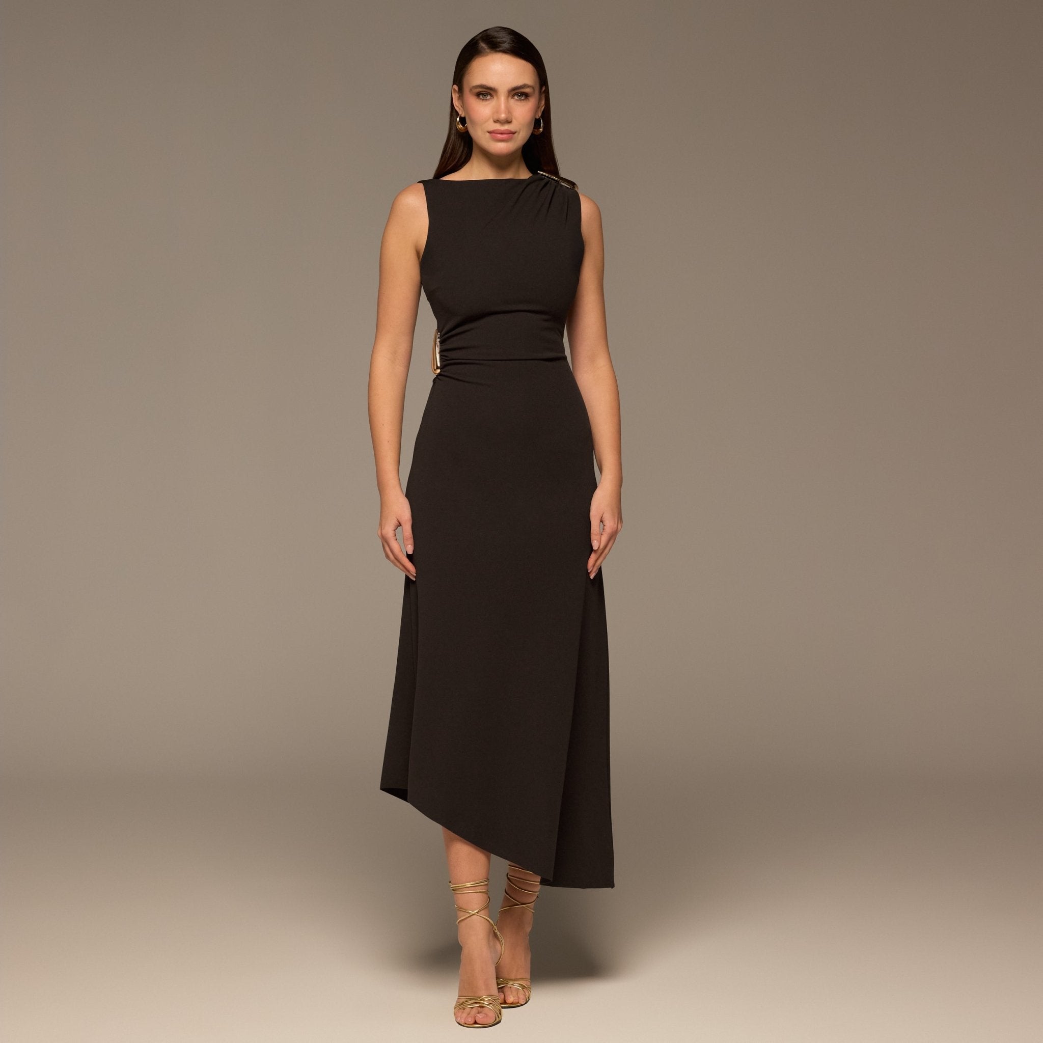 Brown Draped Asymmetric Crepe Dress - shopaleena