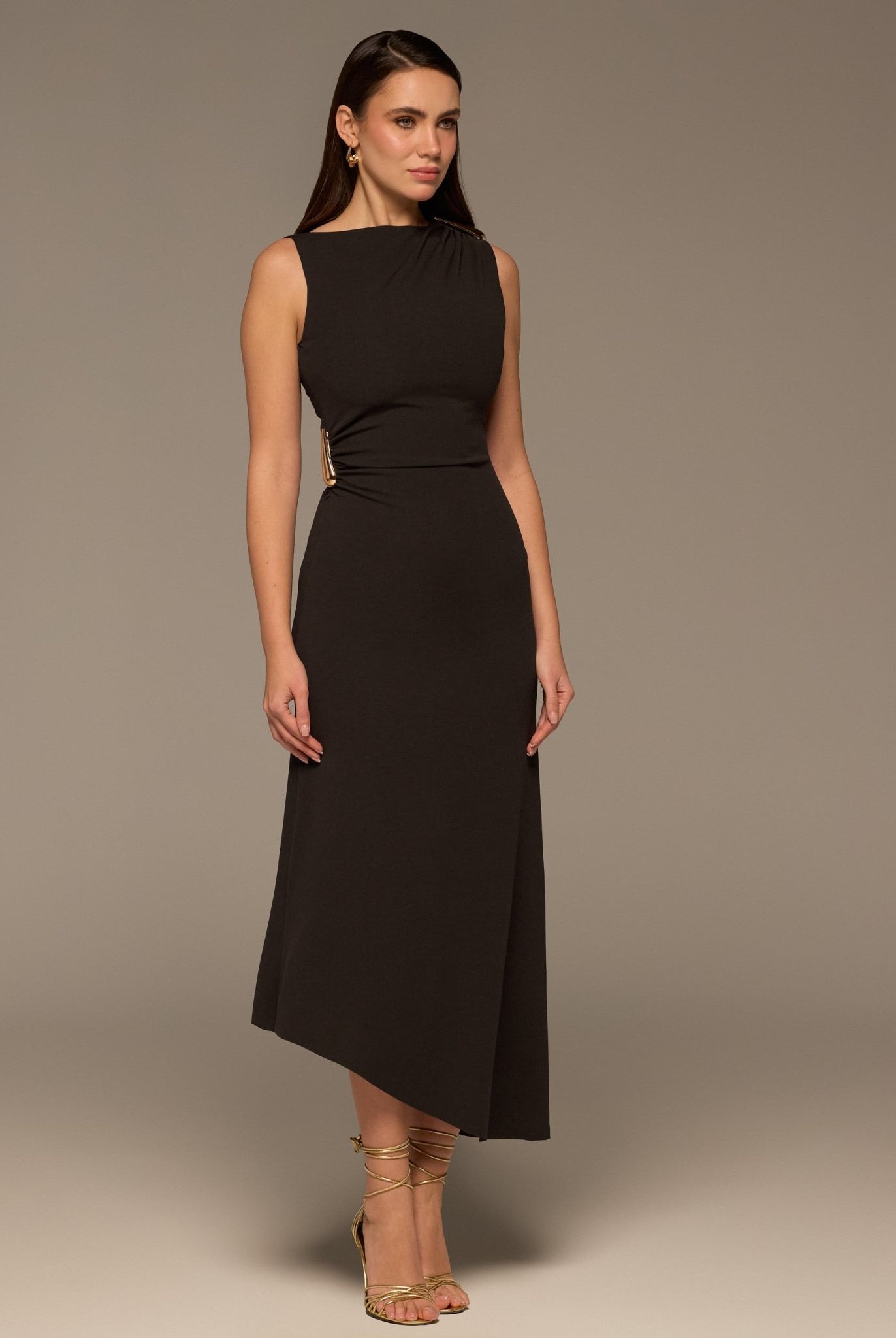 Brown Draped Asymmetric Crepe Dress - shopaleena