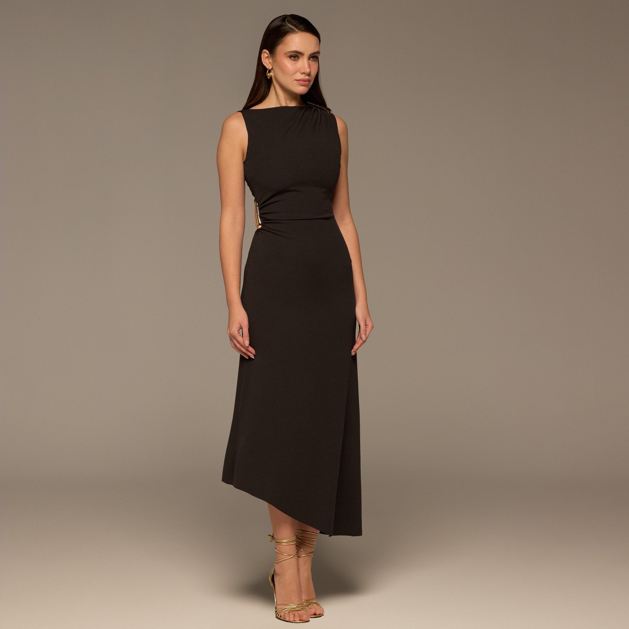 Brown Draped Asymmetric Crepe Dress - shopaleena