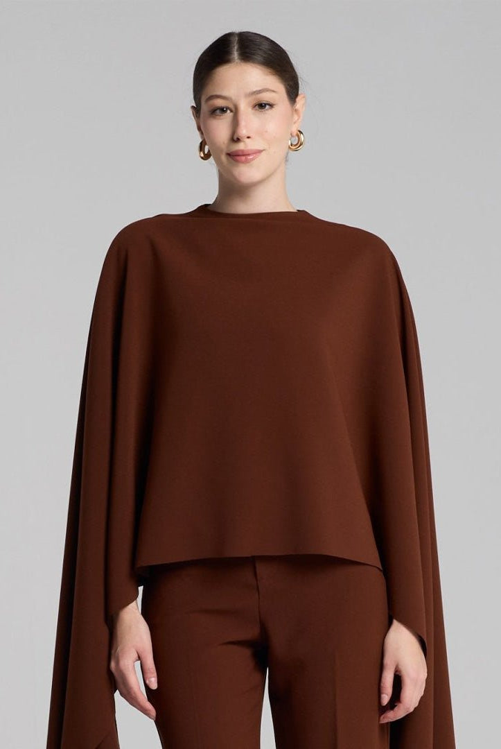 Brown Draped Cape Crepe Top - shopaleena