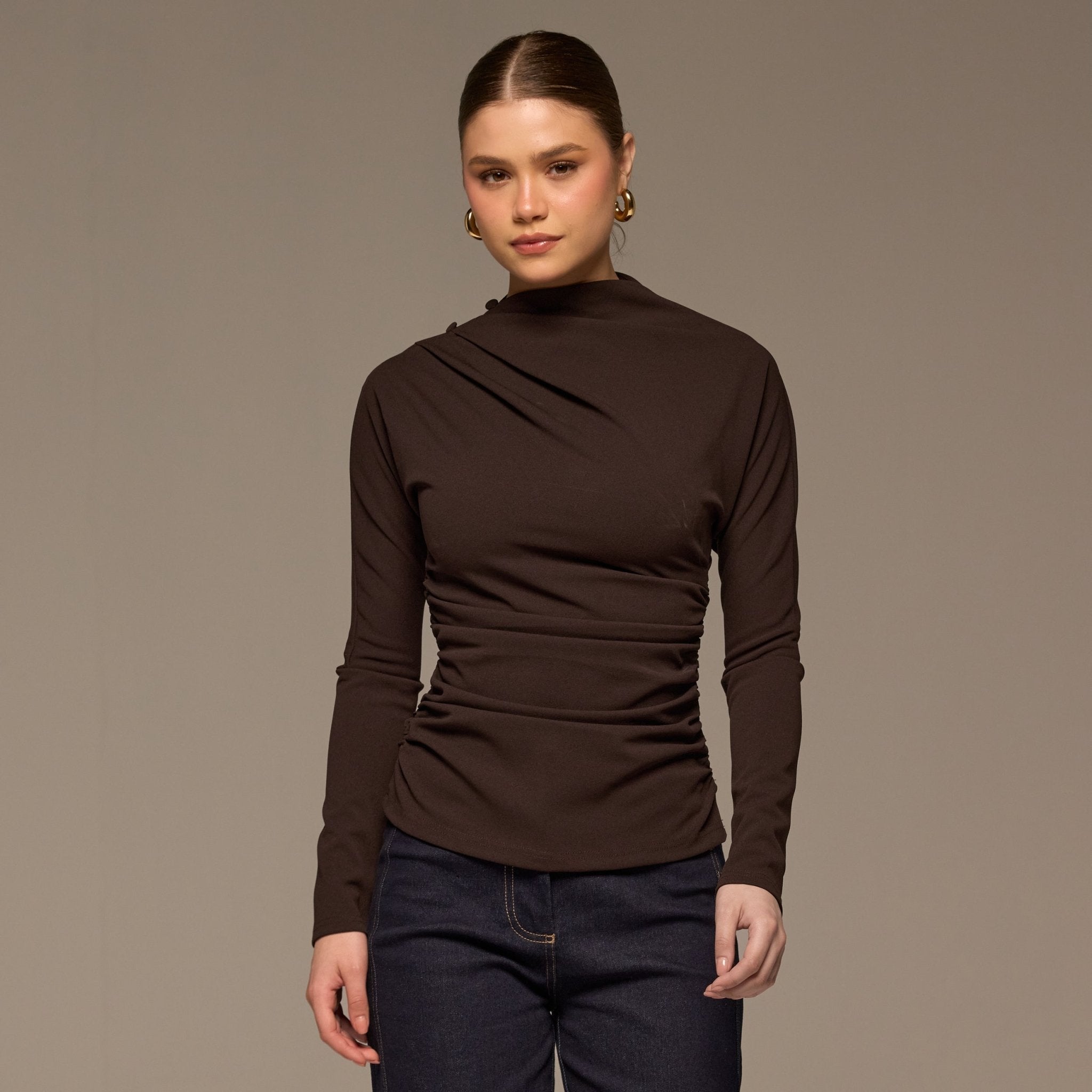 Brown Draped Crepe Blouse - shopaleena