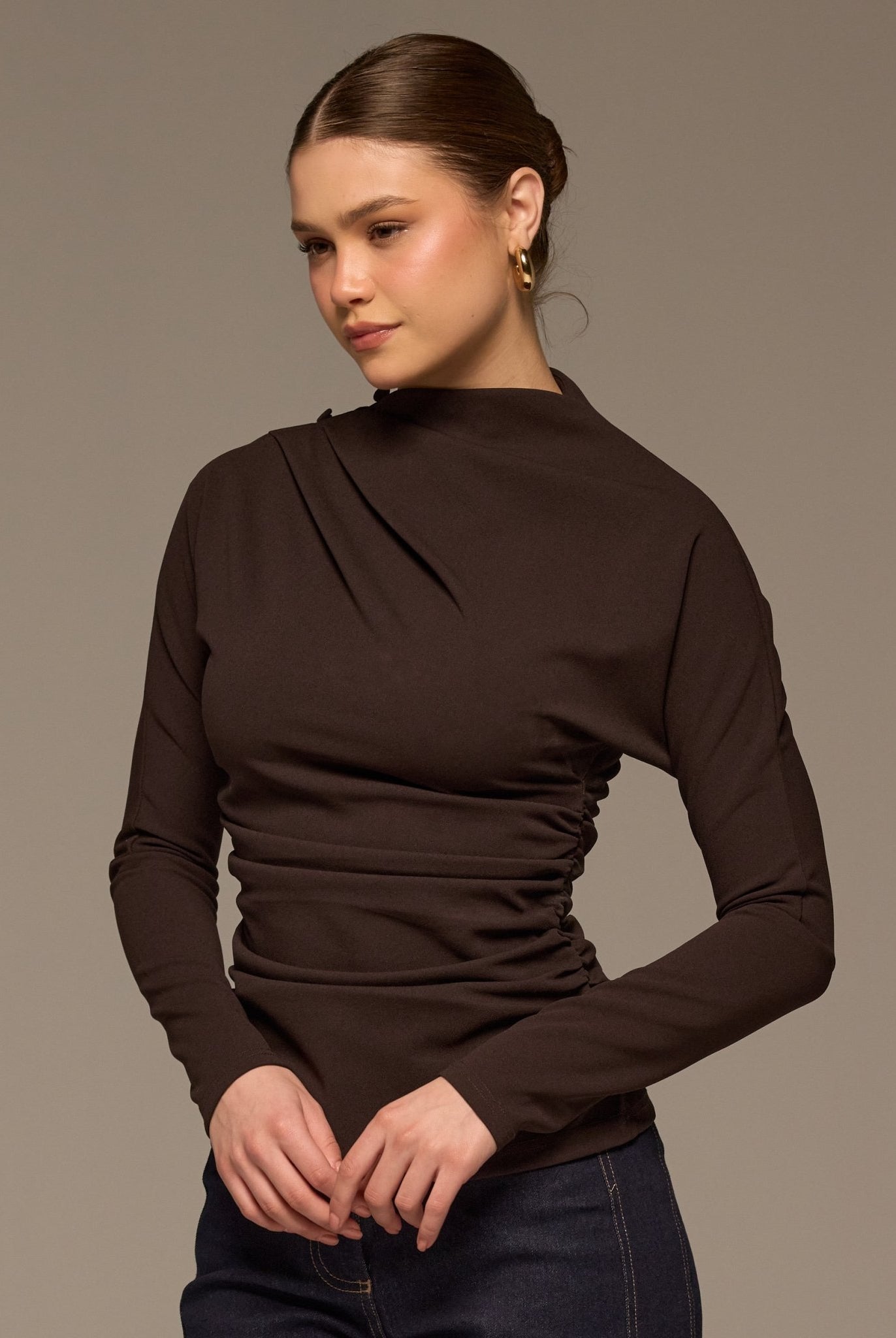 Brown Draped Crepe Blouse - shopaleena