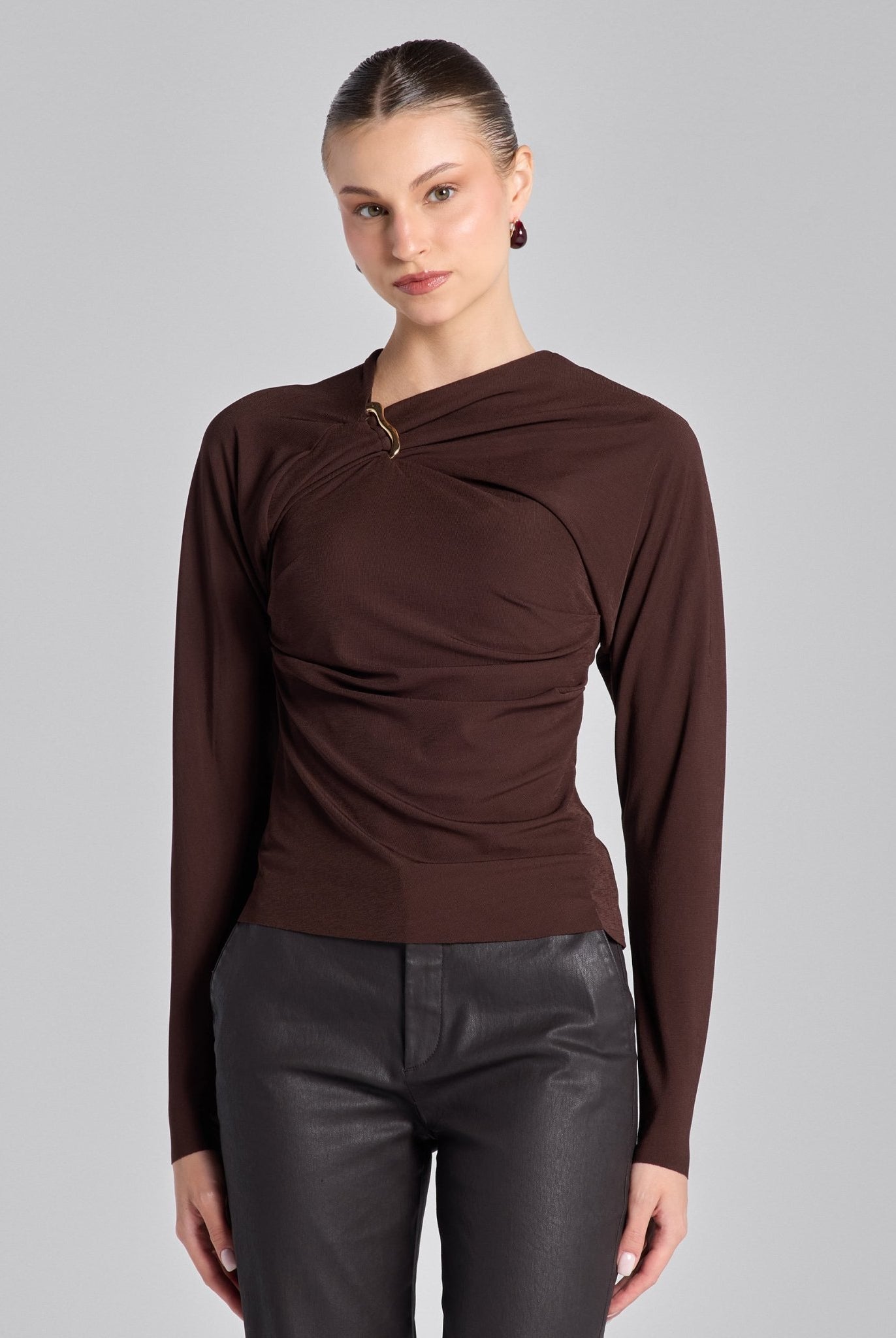 Brown Draped Jersey Blouse - shopaleena