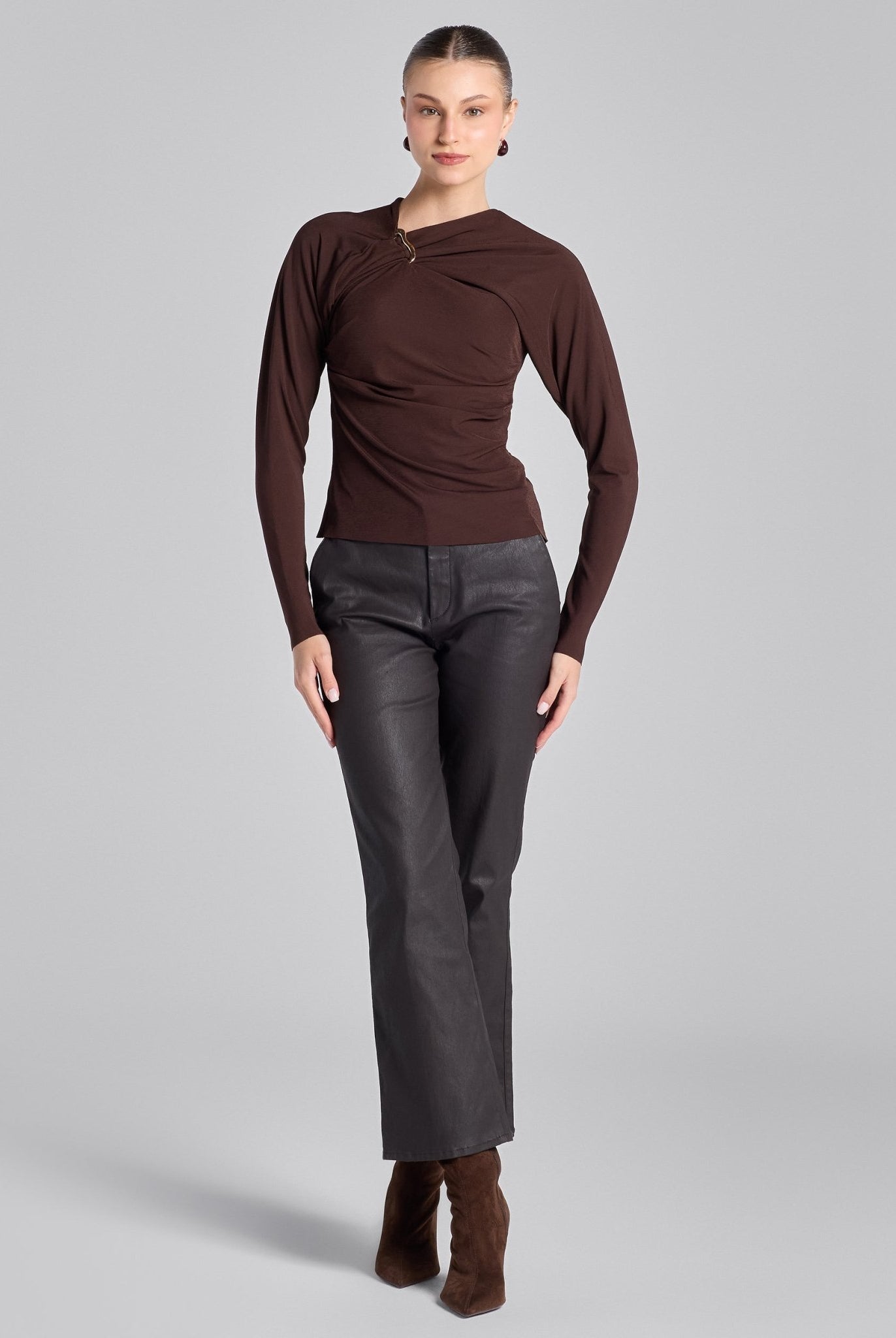 Brown Draped Jersey Blouse - shopaleena