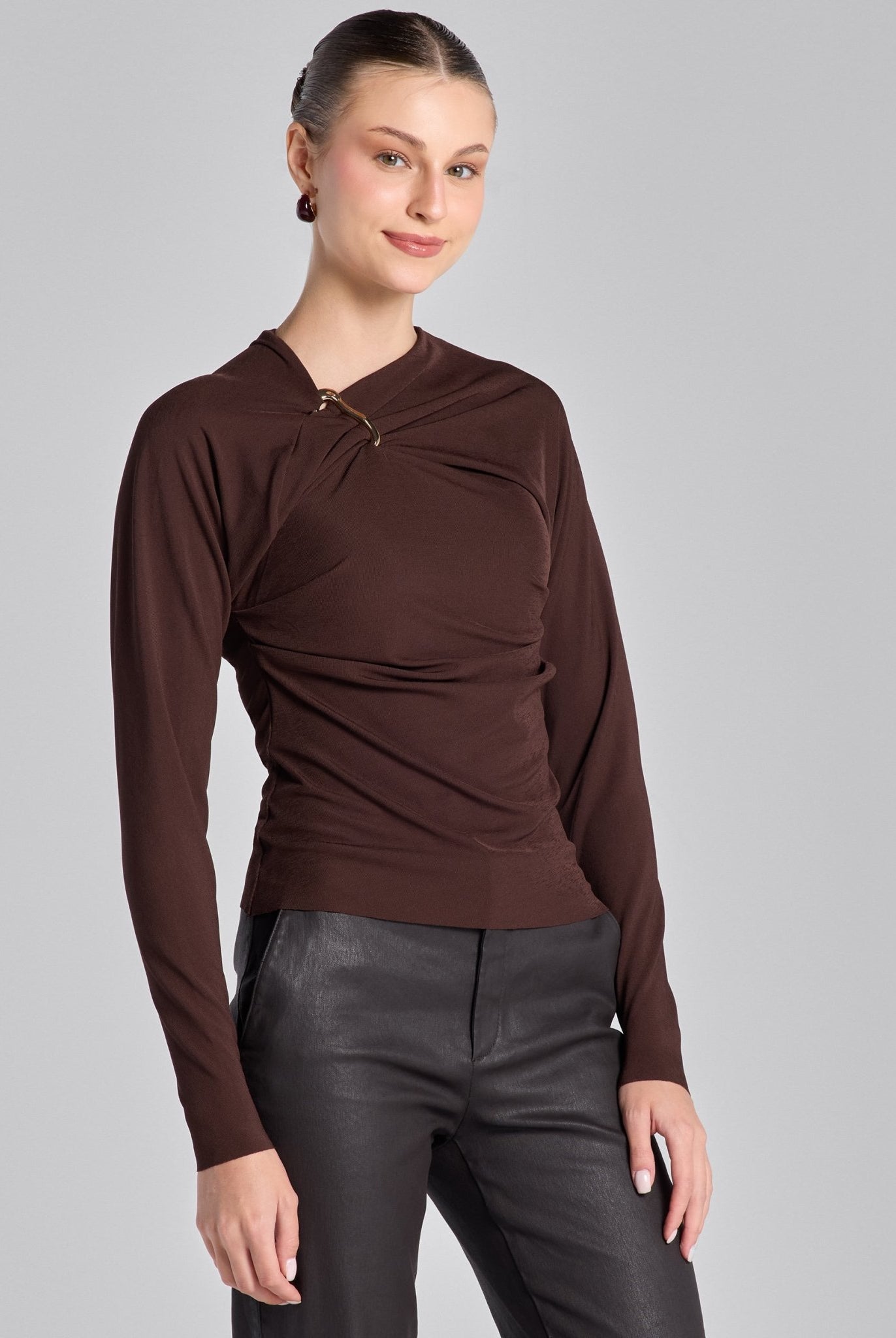 Brown Draped Jersey Blouse - shopaleena