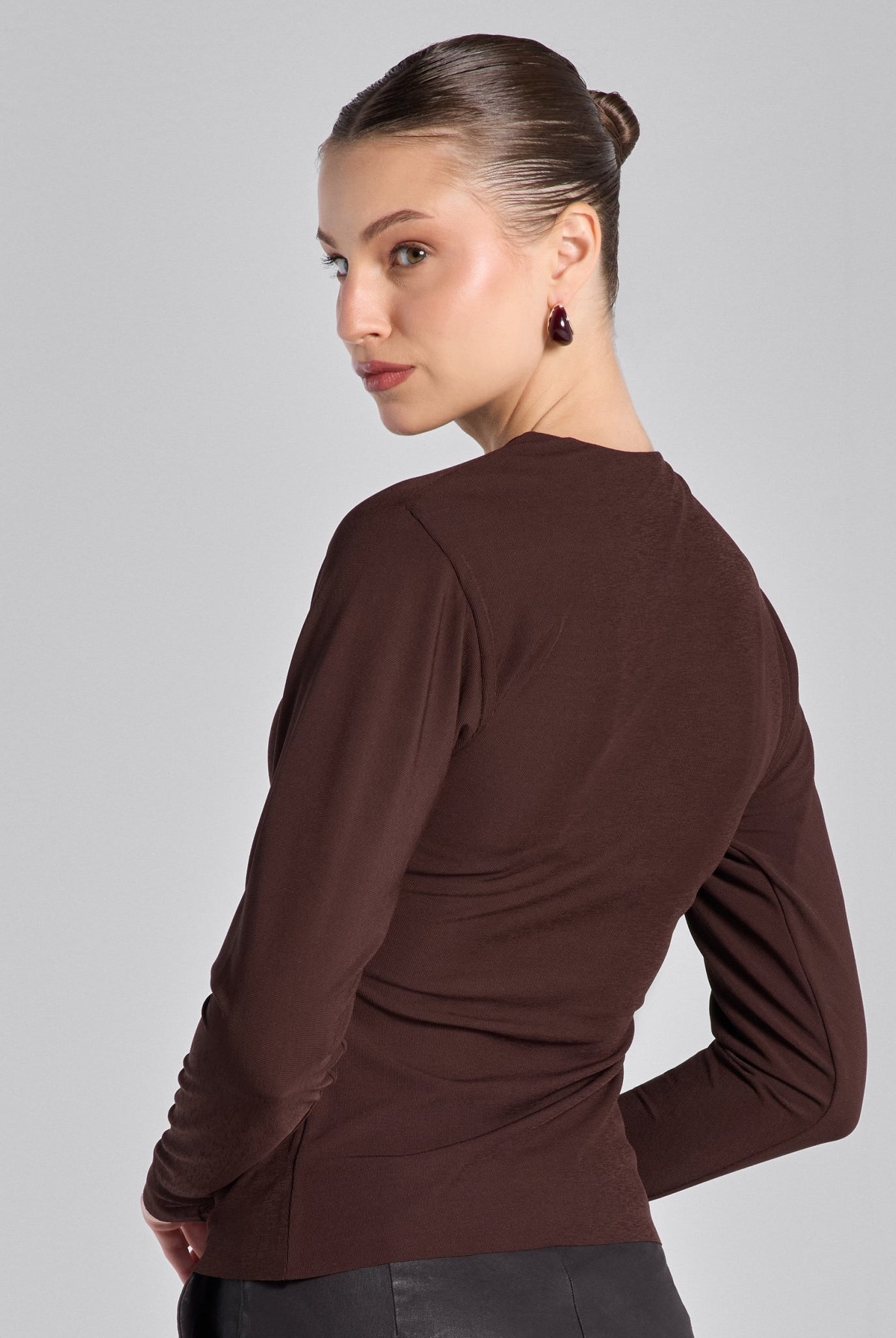 Brown Draped Jersey Blouse - shopaleena