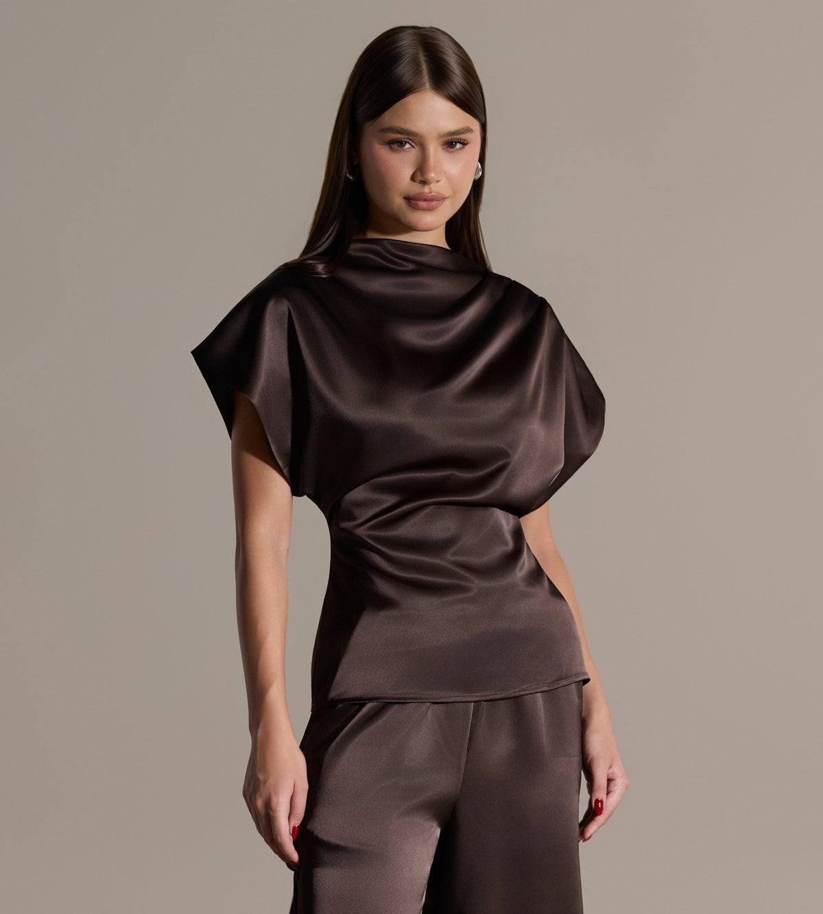 Brown Draped Satin Blouse & Wide Leg Pants Set - shopaleena