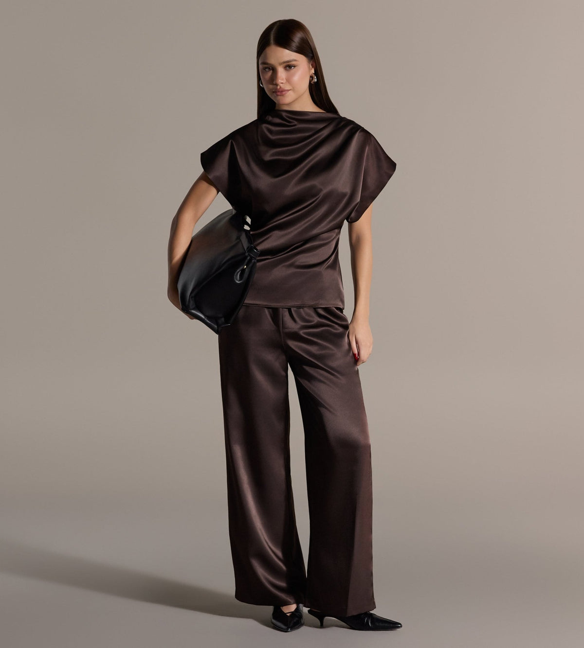 Brown Draped Satin Blouse & Wide Leg Pants Set - shopaleena