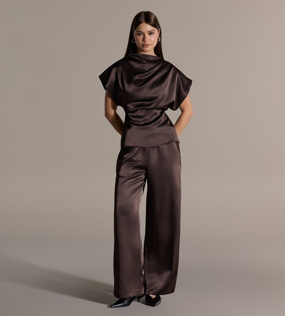 Brown Draped Satin Blouse & Wide Leg Pants Set - shopaleena