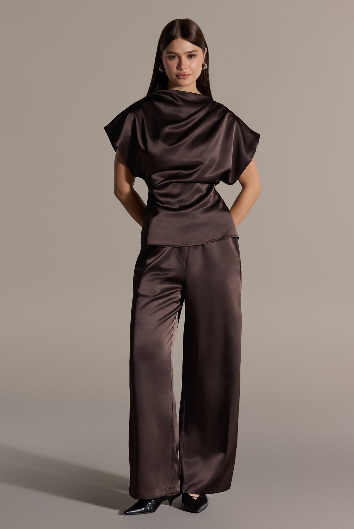 Brown Draped Satin Blouse & Wide Leg Pants Set - shopaleena