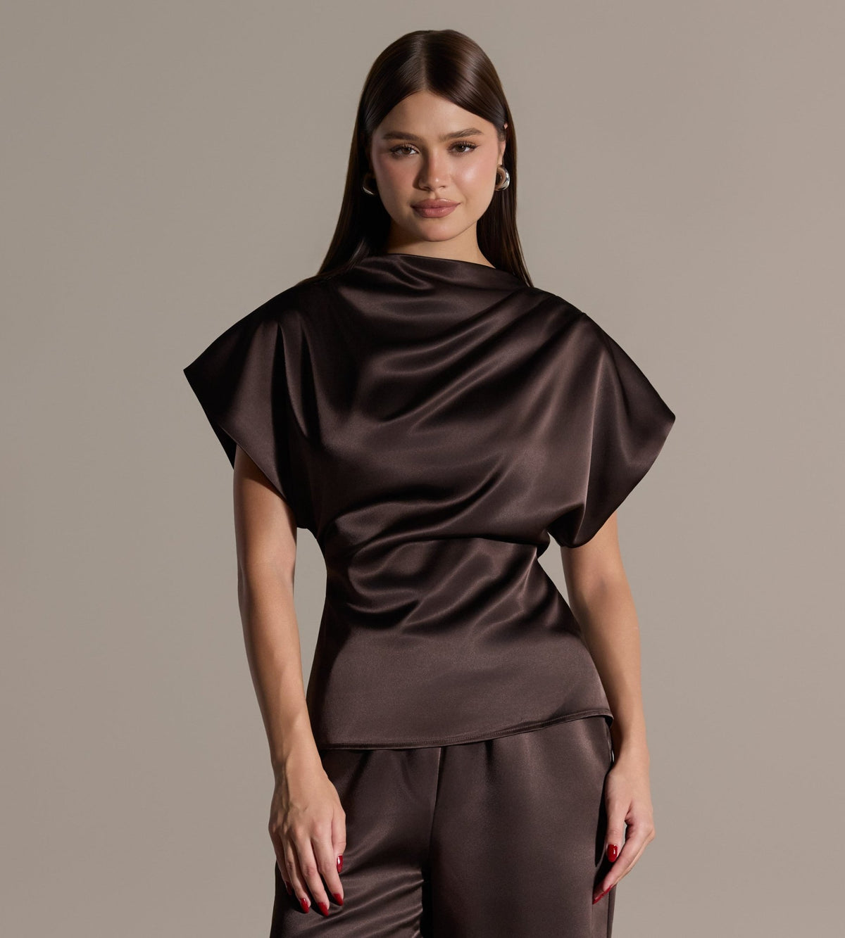 Brown Draped Satin Blouse & Wide Leg Pants Set - shopaleena