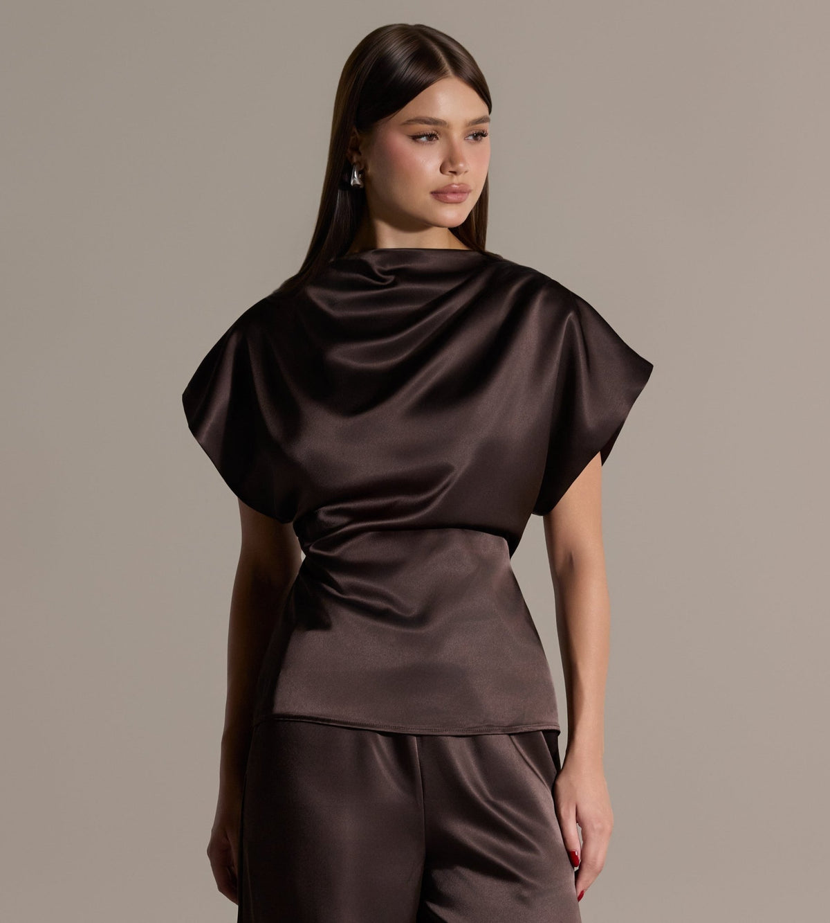 Brown Draped Satin Blouse & Wide Leg Pants Set - shopaleena