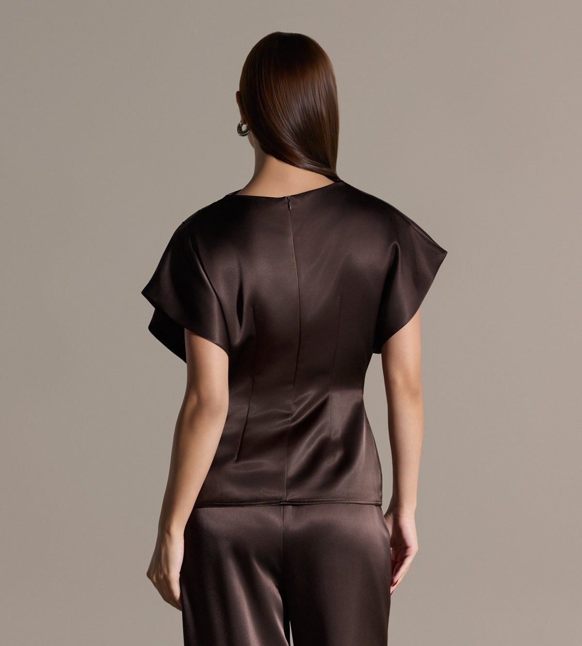 Brown Draped Satin Blouse & Wide Leg Pants Set - shopaleena