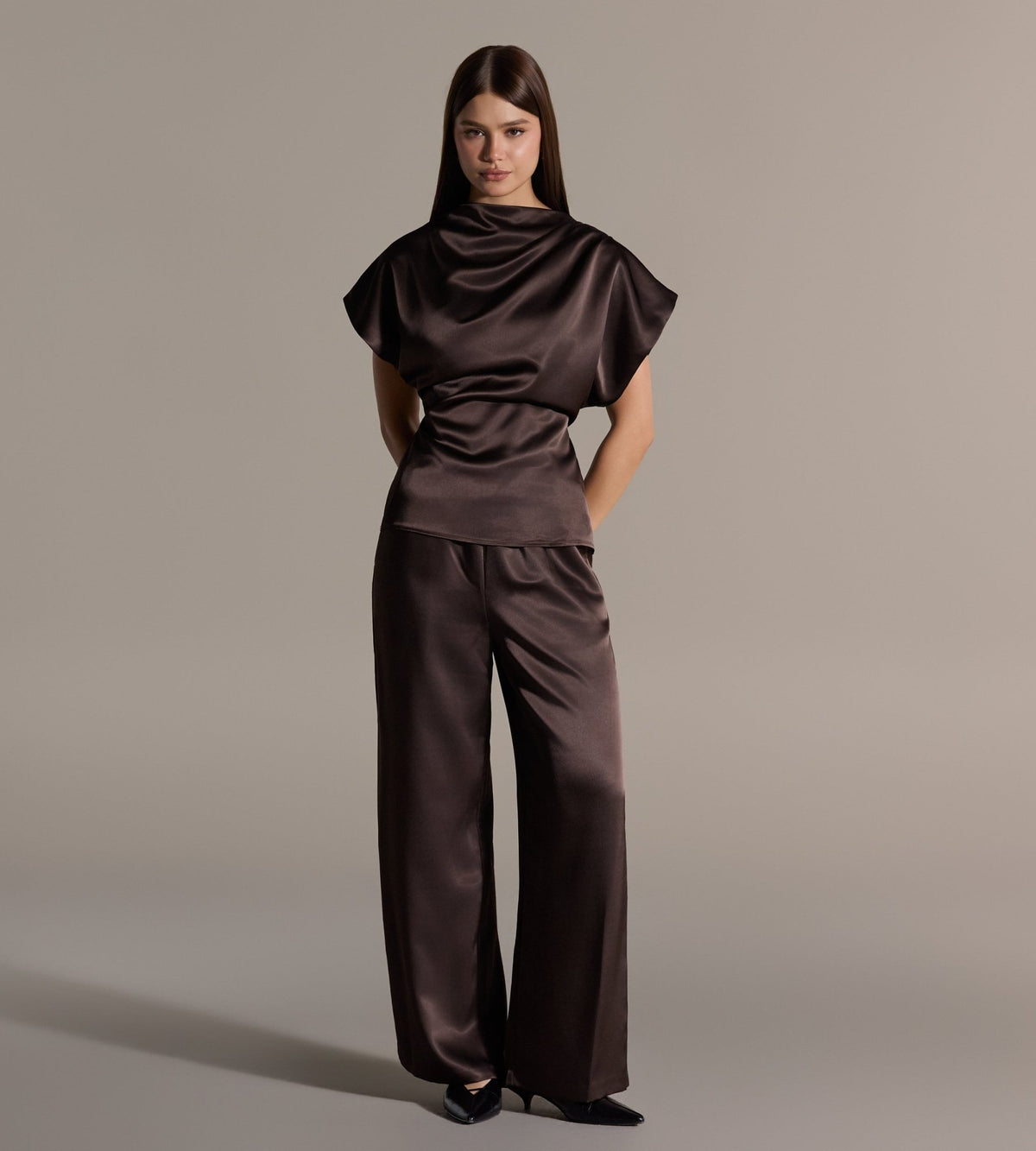 Brown Draped Satin Blouse & Wide Leg Pants Set - shopaleena