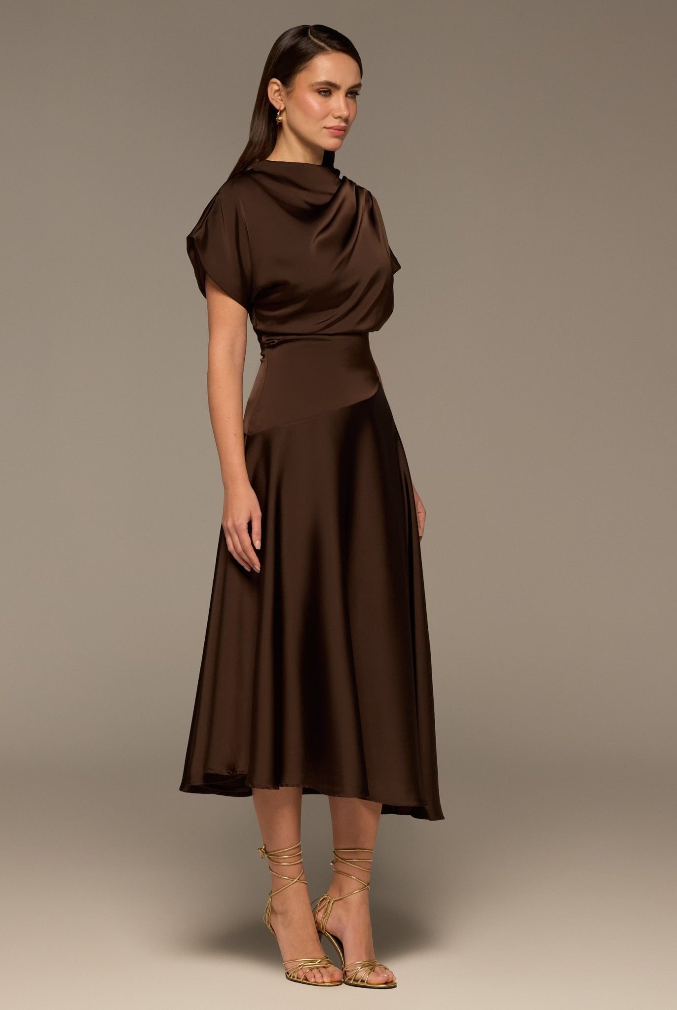 Brown Draped Satin Midi Dress - shopaleena