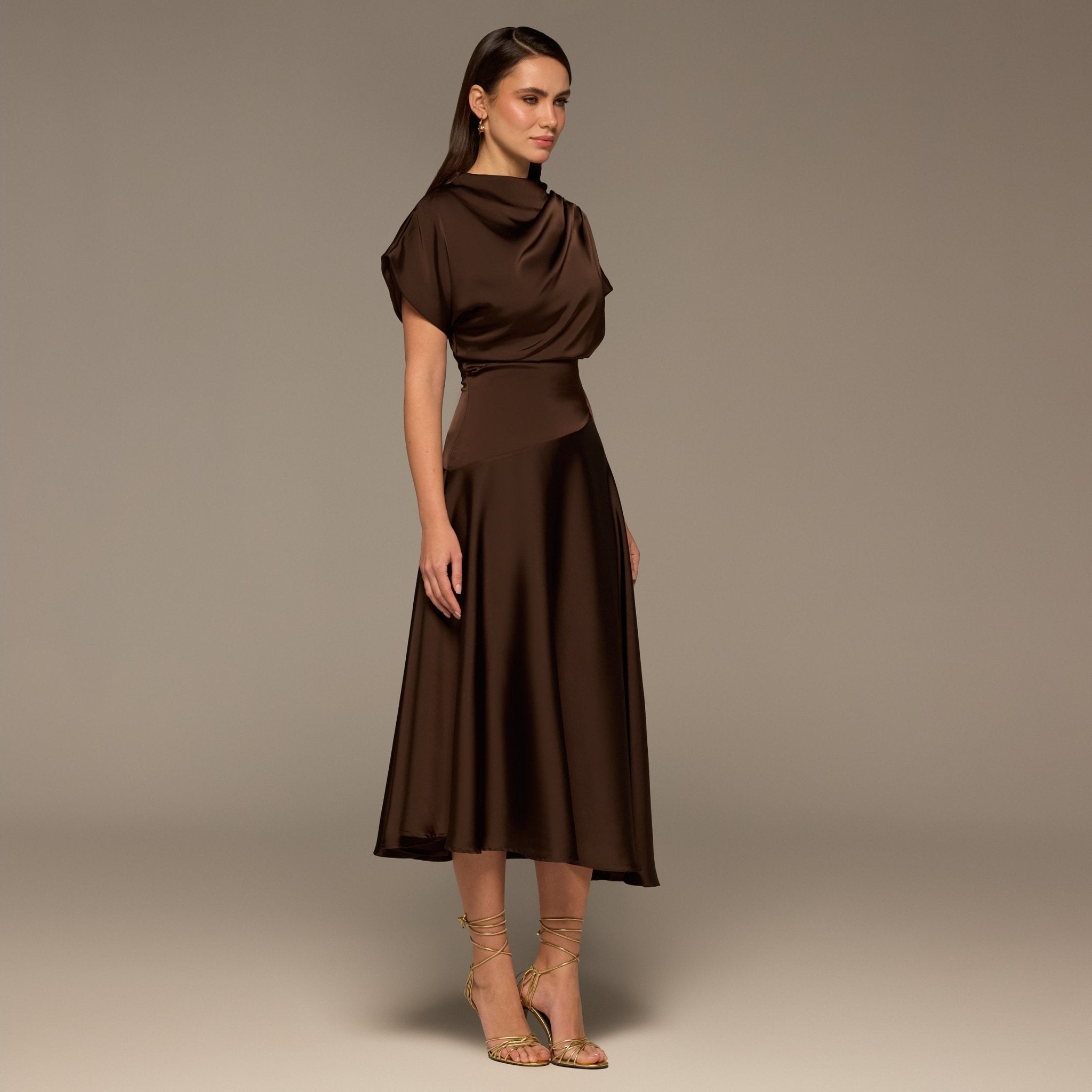 Brown Draped Satin Midi Dress - shopaleena