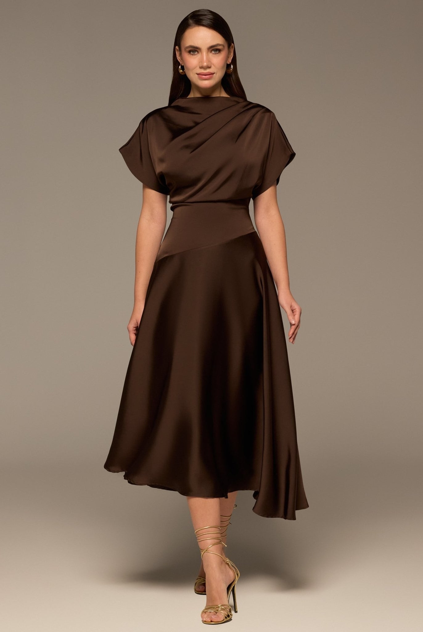 Brown Draped Satin Midi Dress - shopaleena