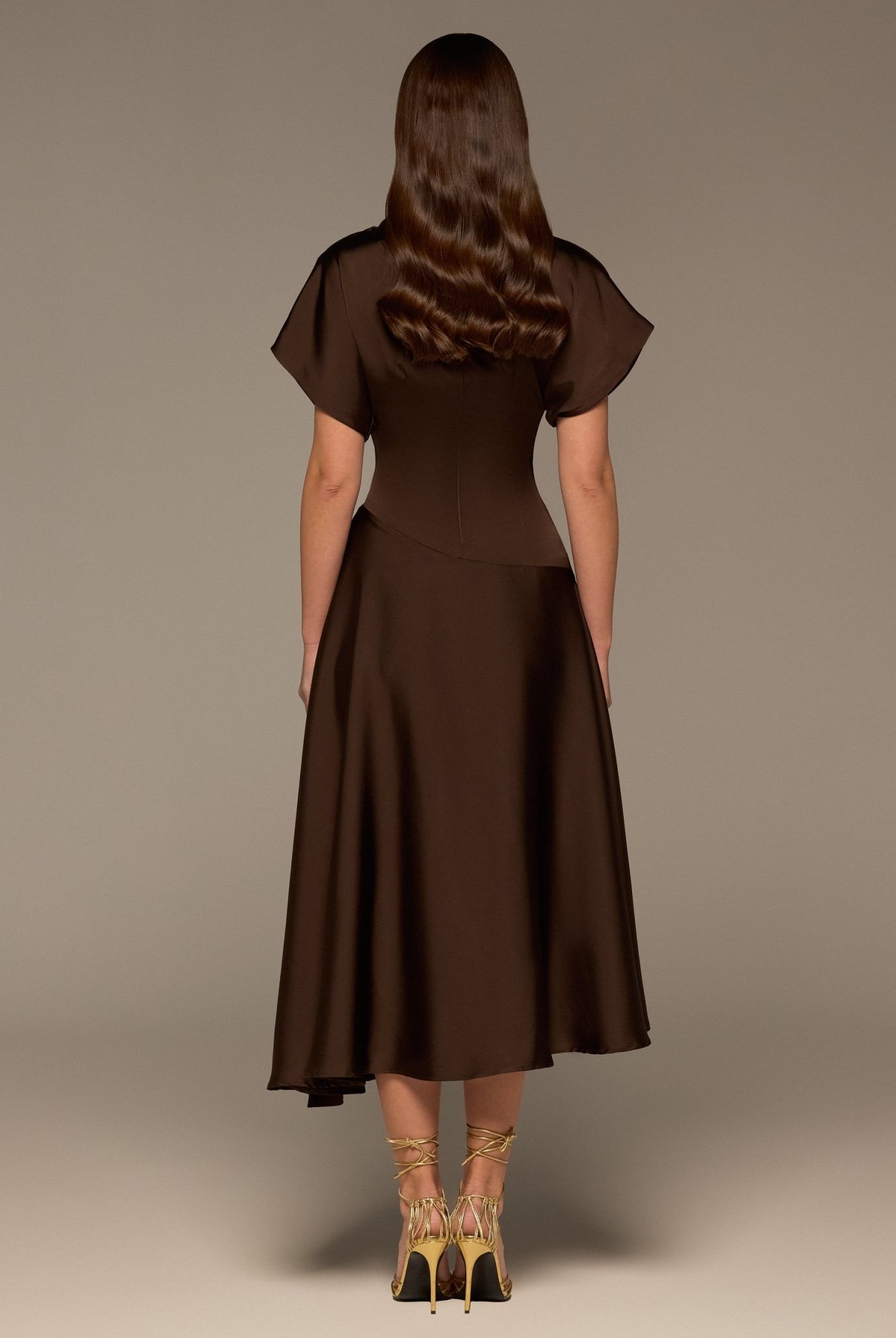 Brown Draped Satin Midi Dress - shopaleena