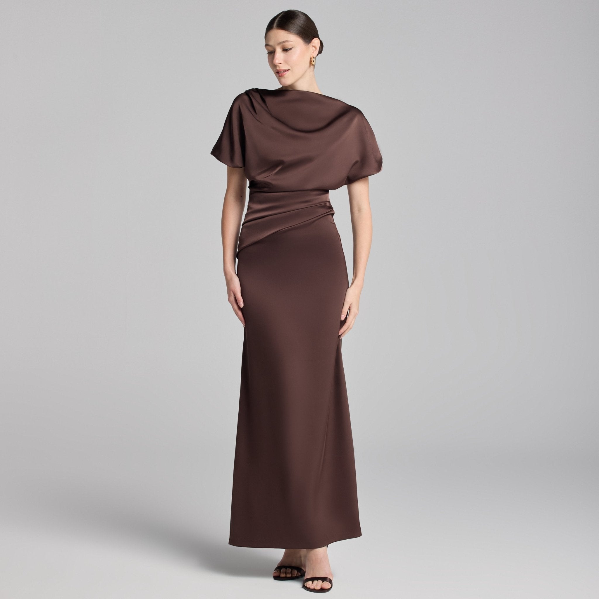 Brown Draped Satin Midi Dress - shopaleena