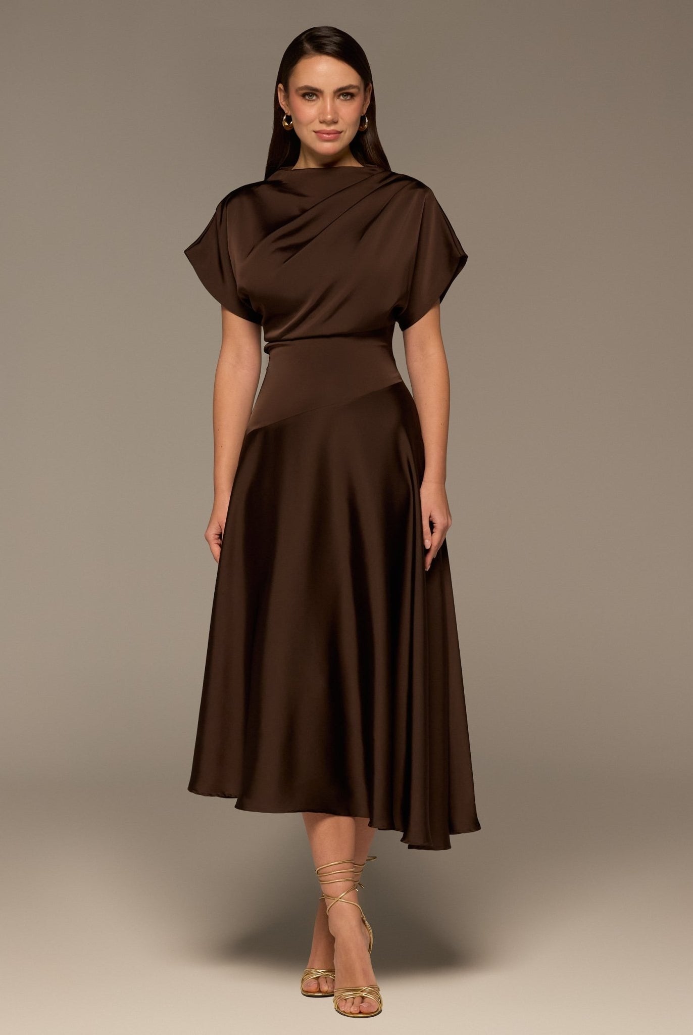 Brown Draped Satin Midi Dress - shopaleena