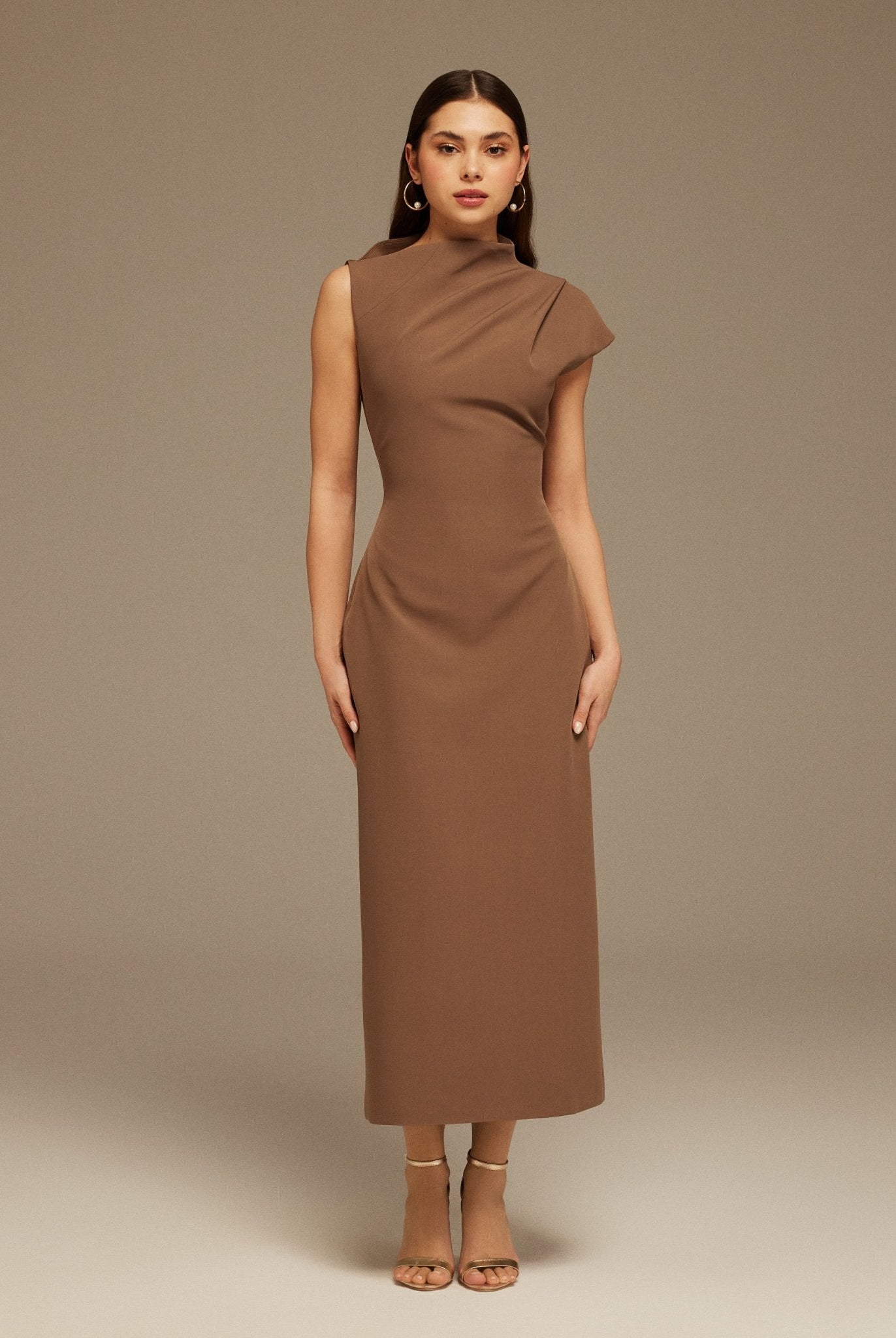 Brown Draped Shoulder Short Sleeve Midi Dress - shopaleena