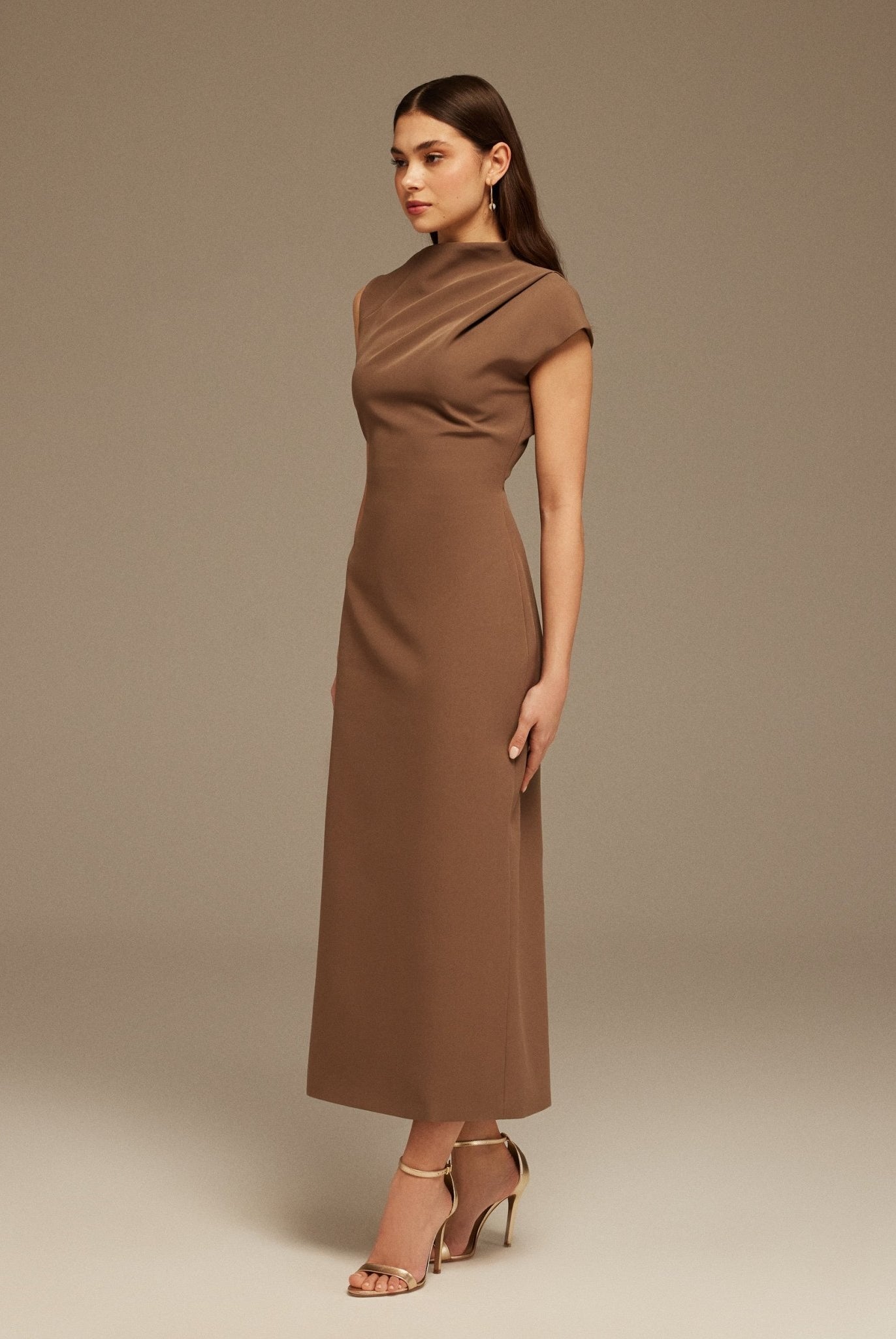 Brown Draped Shoulder Short Sleeve Midi Dress - shopaleena