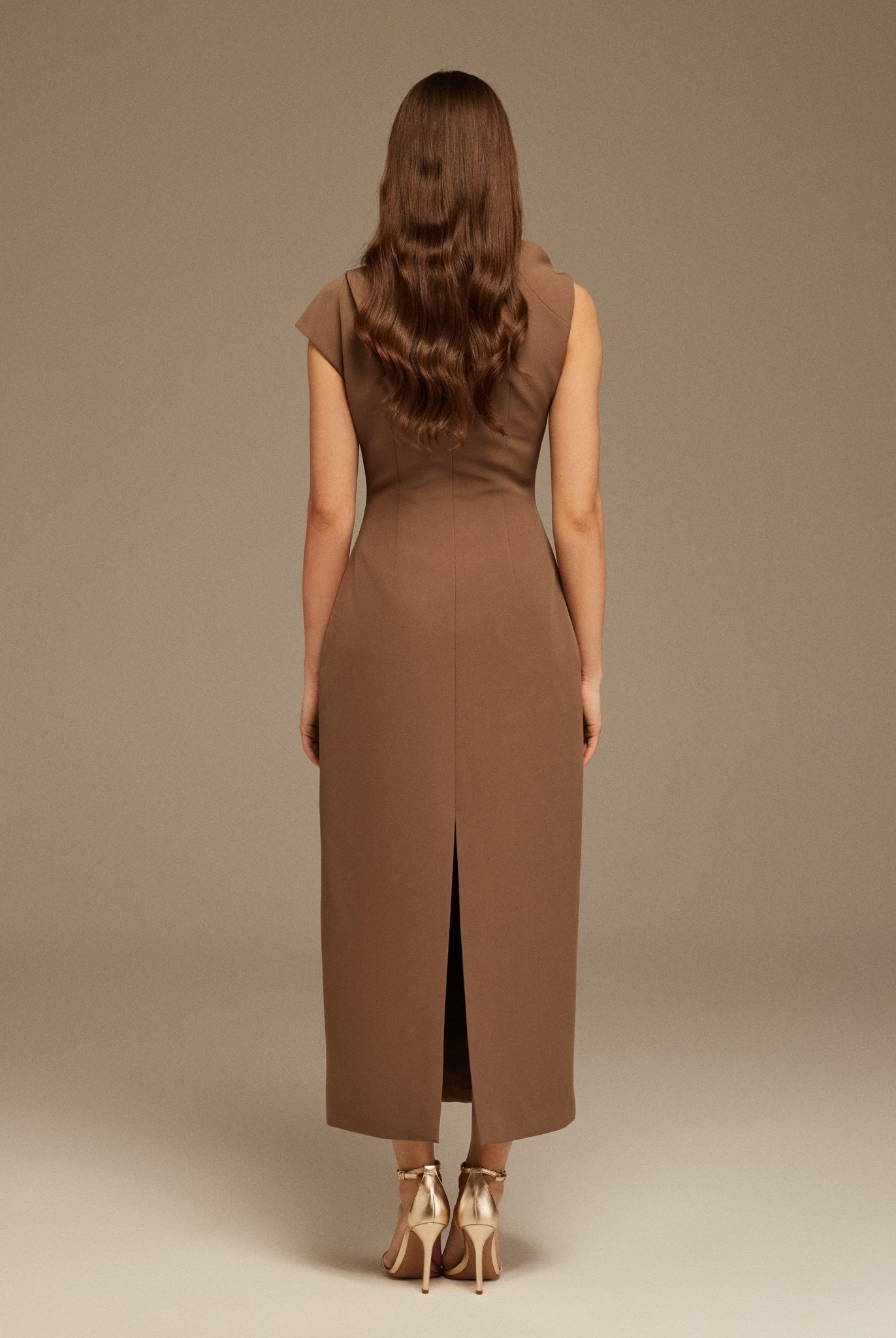 Brown Draped Shoulder Short Sleeve Midi Dress - shopaleena