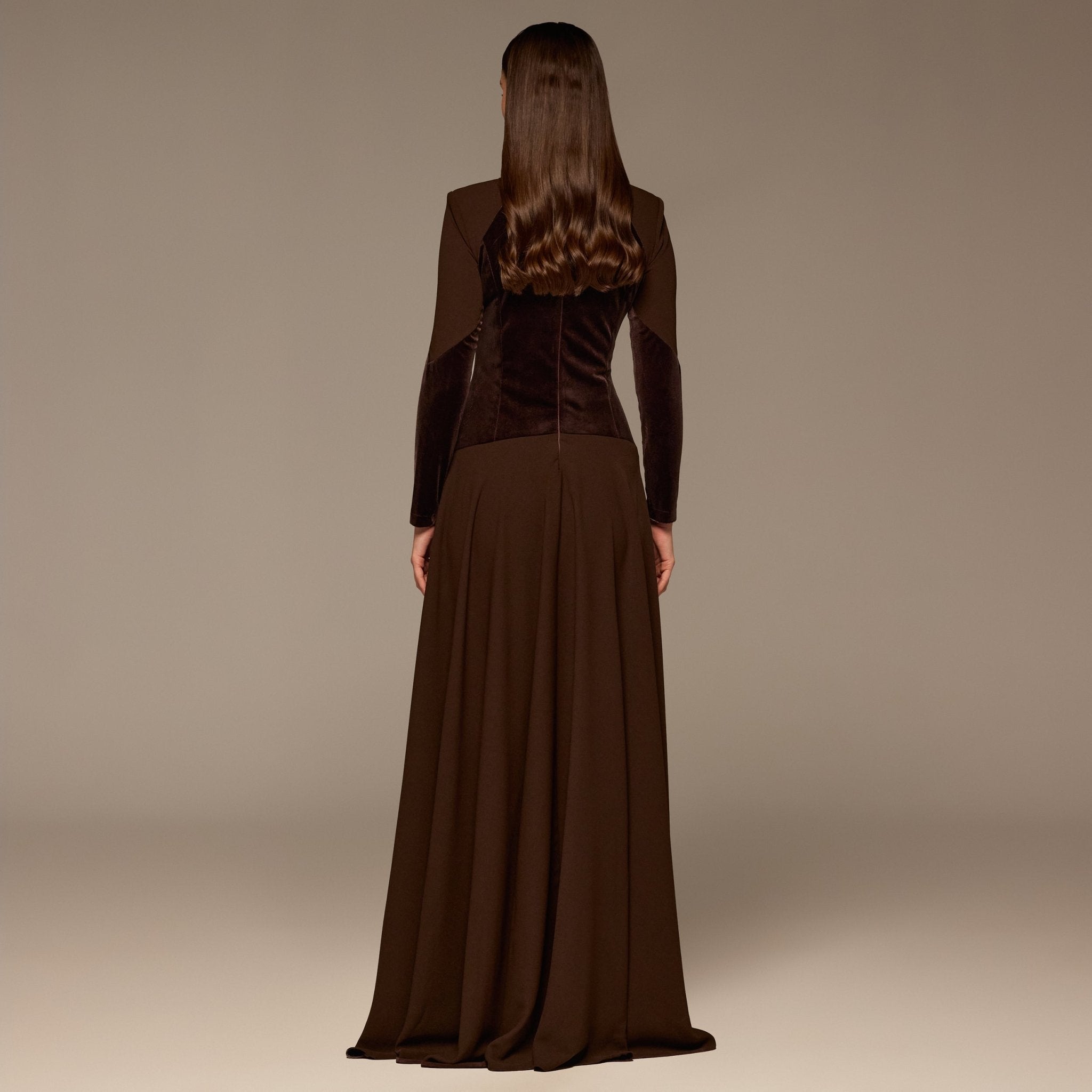 Brown High Neck Crepe and Velvet Maxi Dress - shopaleena