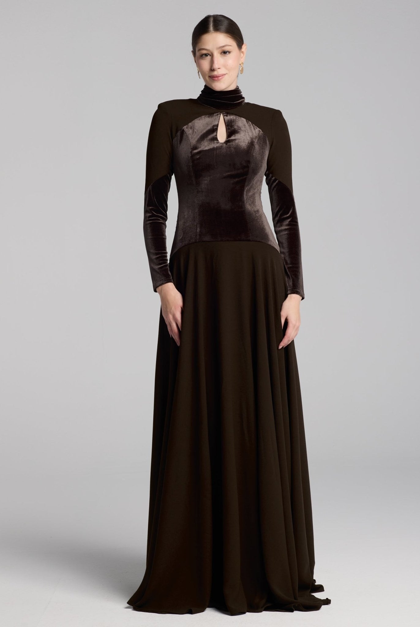 Brown High Neck Crepe and Velvet Maxi Dress - shopaleena