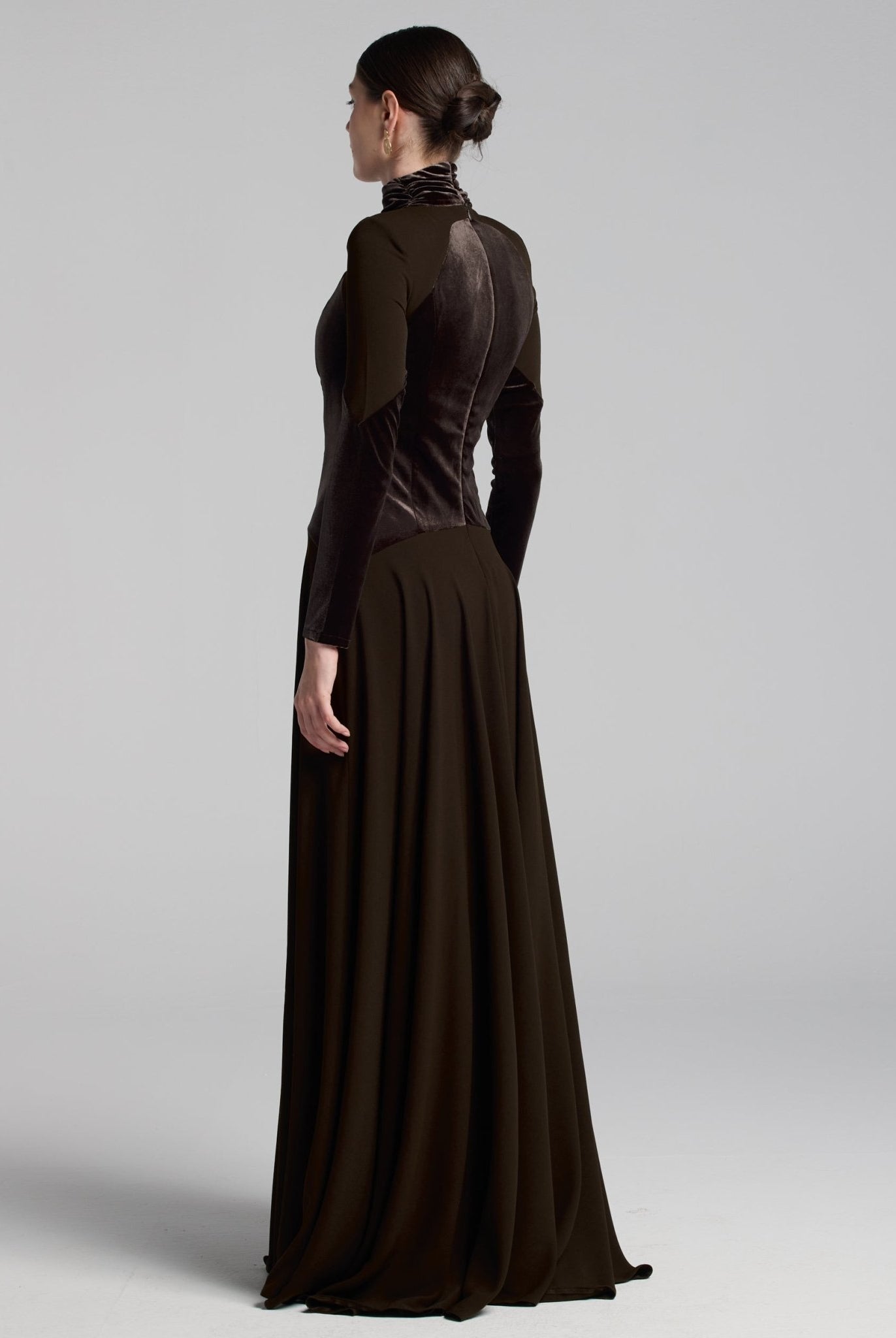 Brown High Neck Crepe and Velvet Maxi Dress - shopaleena