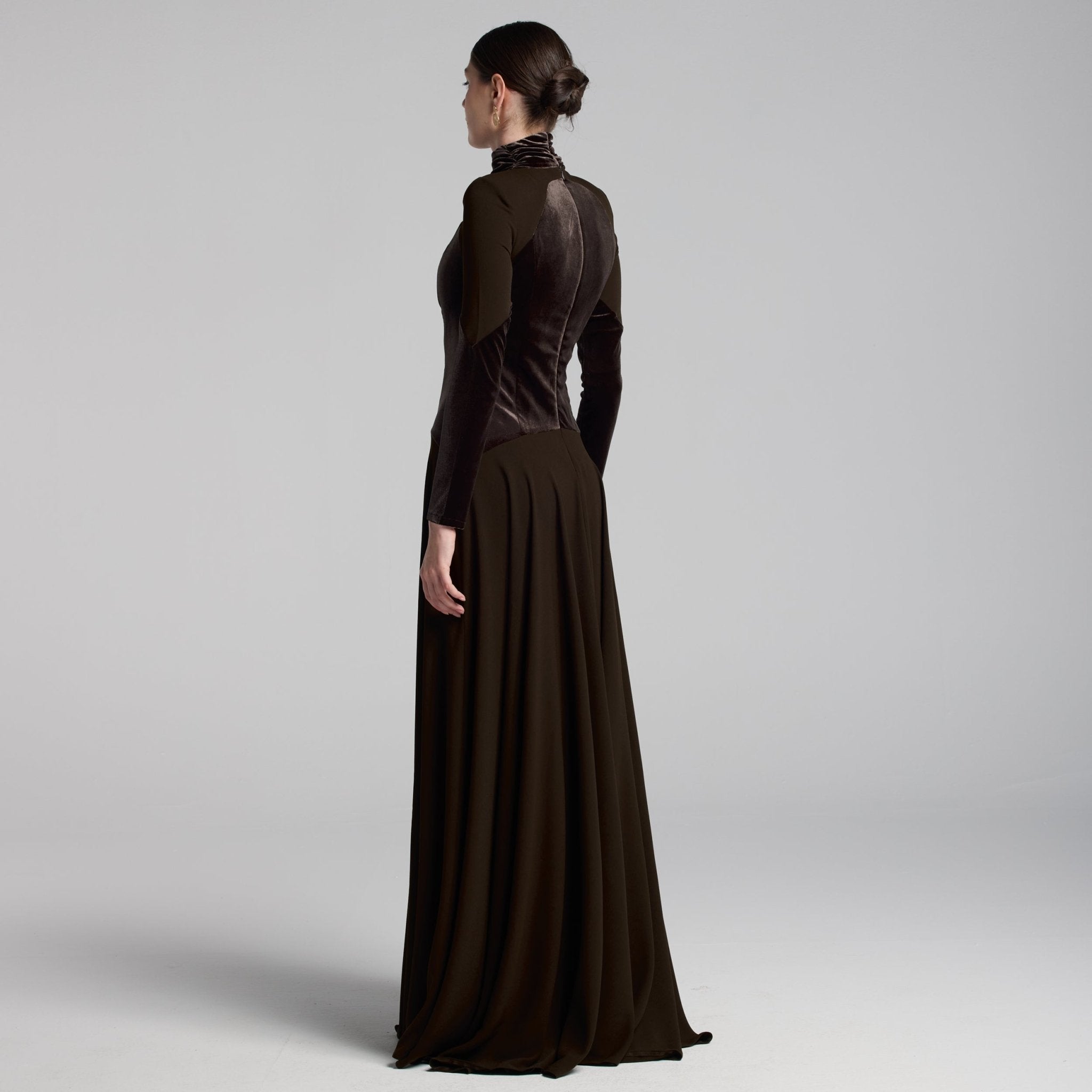 Brown High Neck Crepe and Velvet Maxi Dress - shopaleena