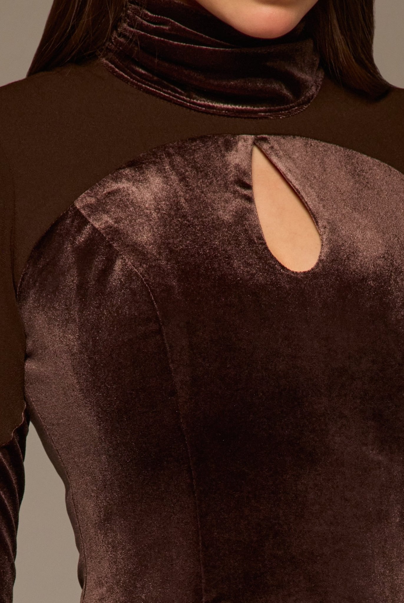 Brown High Neck Crepe and Velvet Maxi Dress - shopaleena