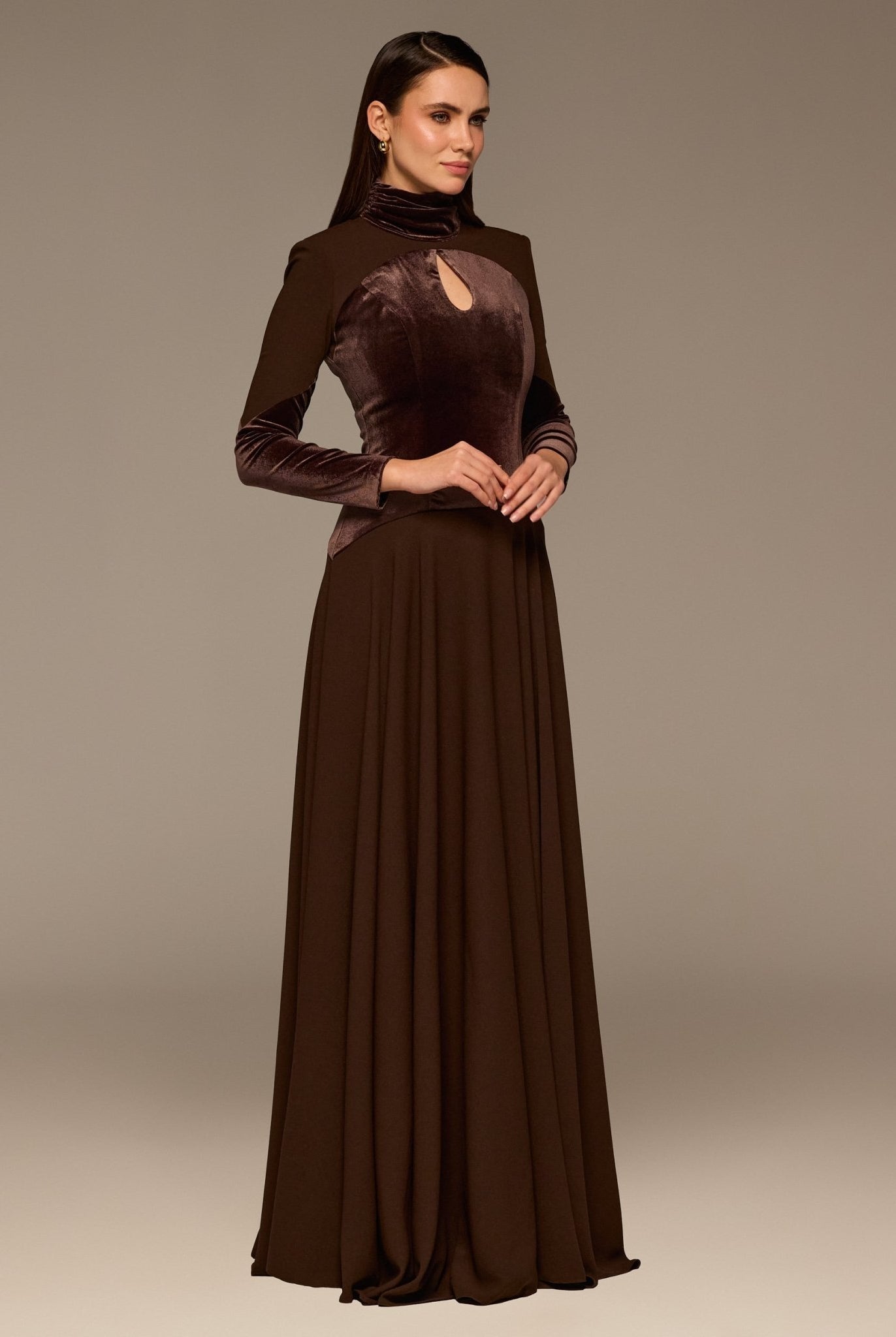 Brown High Neck Crepe and Velvet Maxi Dress - shopaleena