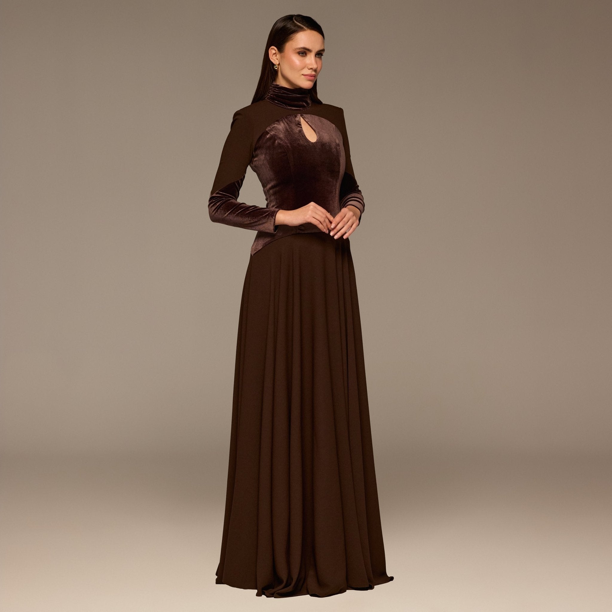 Brown High Neck Crepe and Velvet Maxi Dress - shopaleena