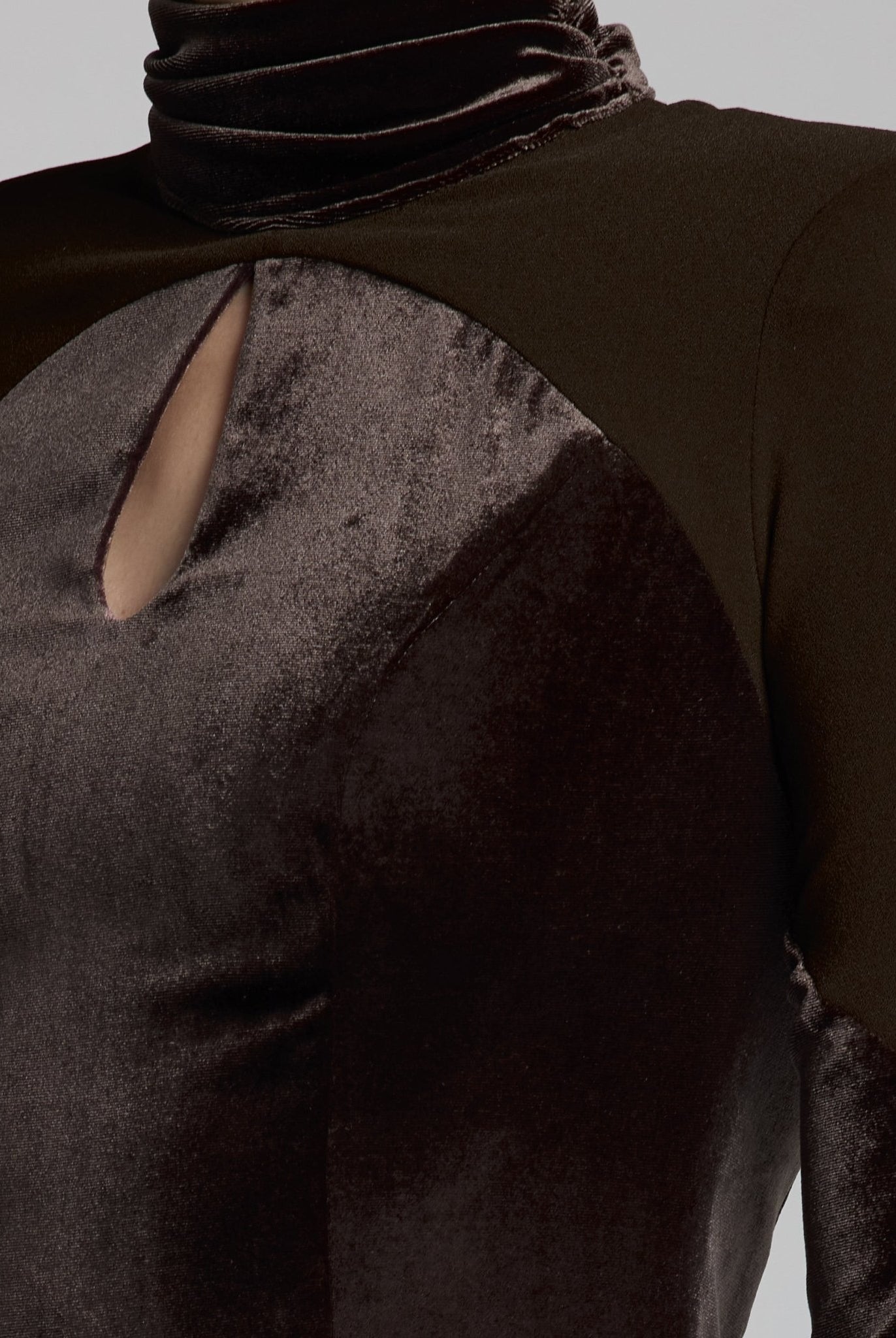 Brown High Neck Crepe and Velvet Maxi Dress - shopaleena