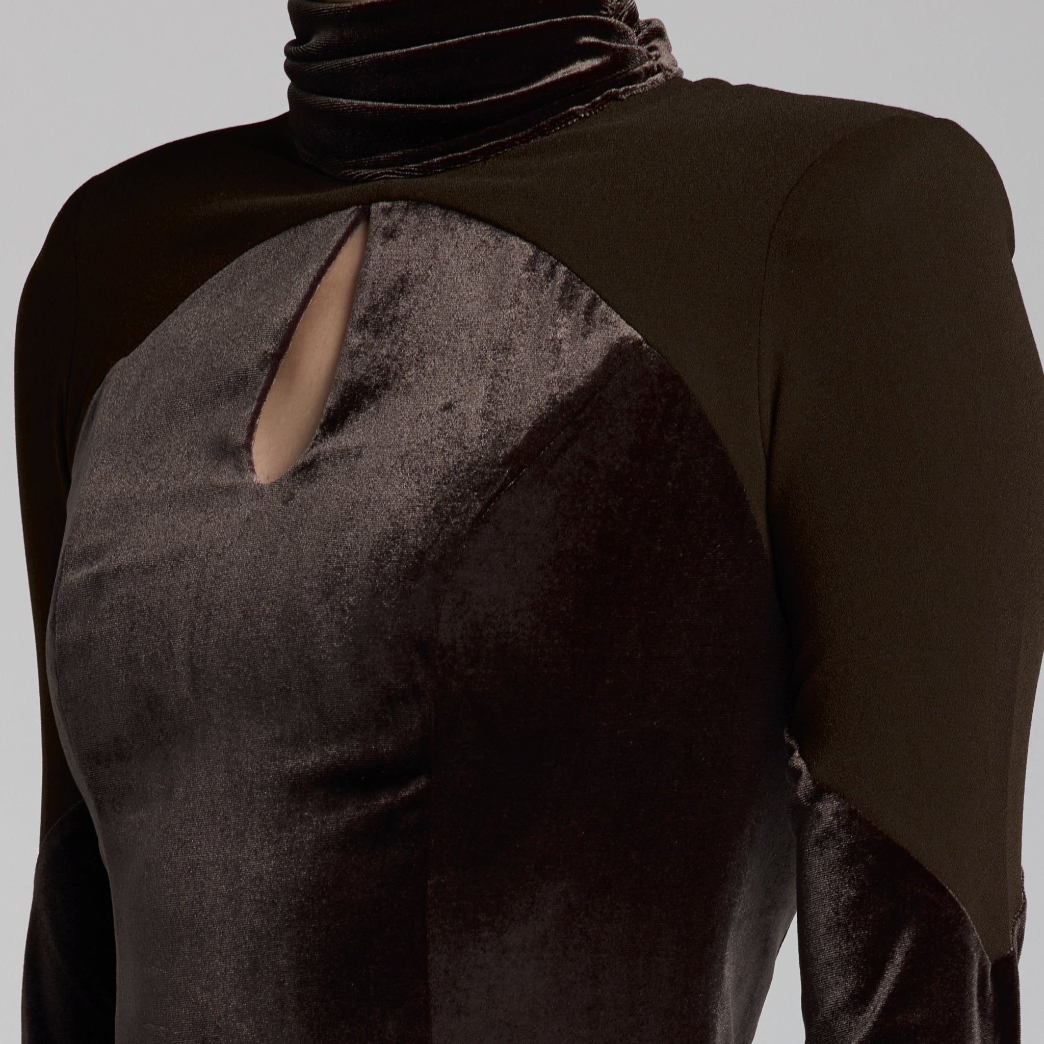 Brown High Neck Crepe and Velvet Maxi Dress - shopaleena