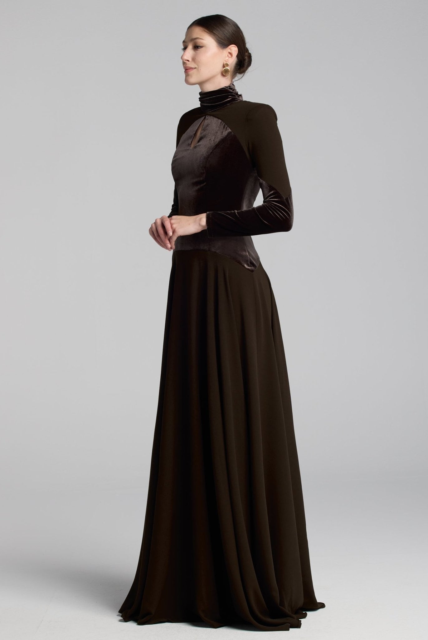 Brown High Neck Crepe and Velvet Maxi Dress - shopaleena