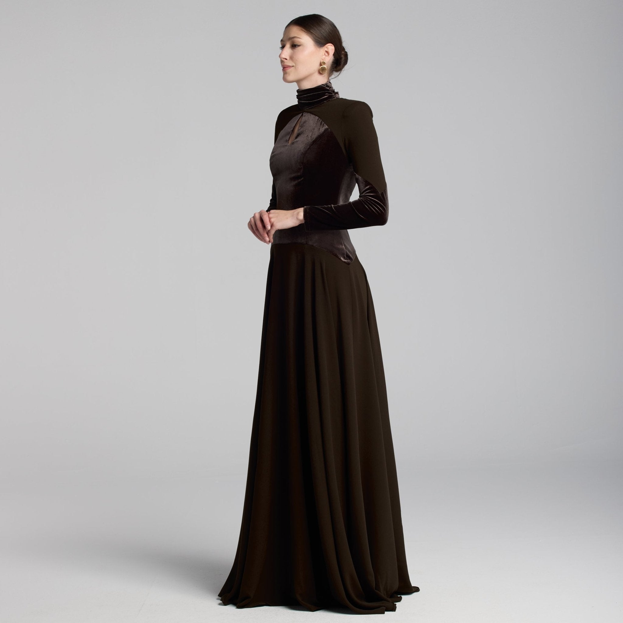 Brown High Neck Crepe and Velvet Maxi Dress - shopaleena