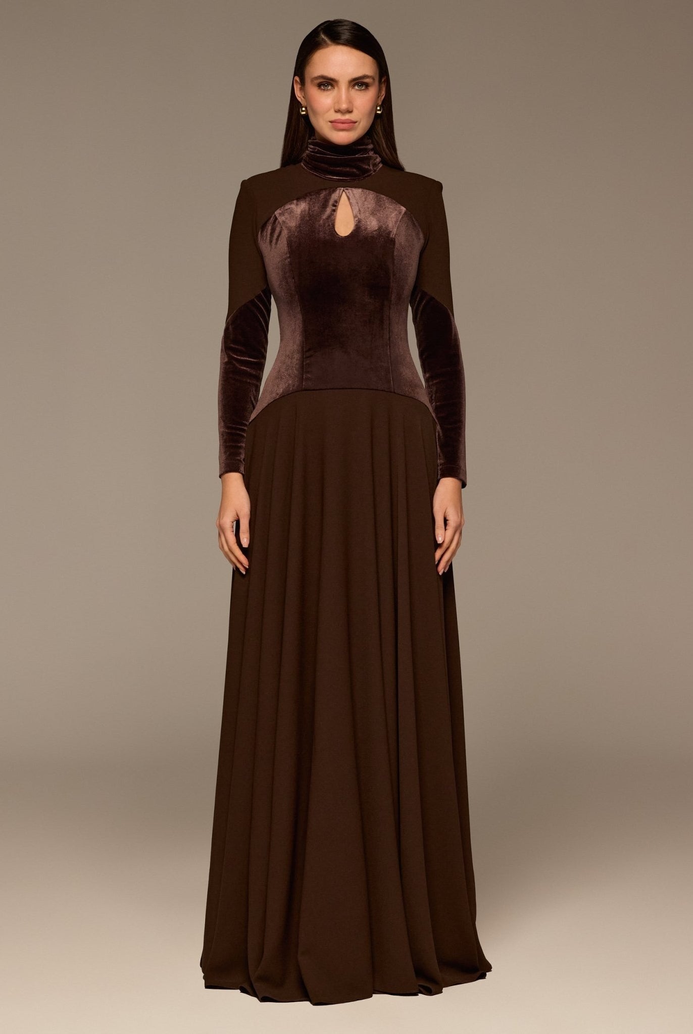 Brown High Neck Crepe and Velvet Maxi Dress - shopaleena