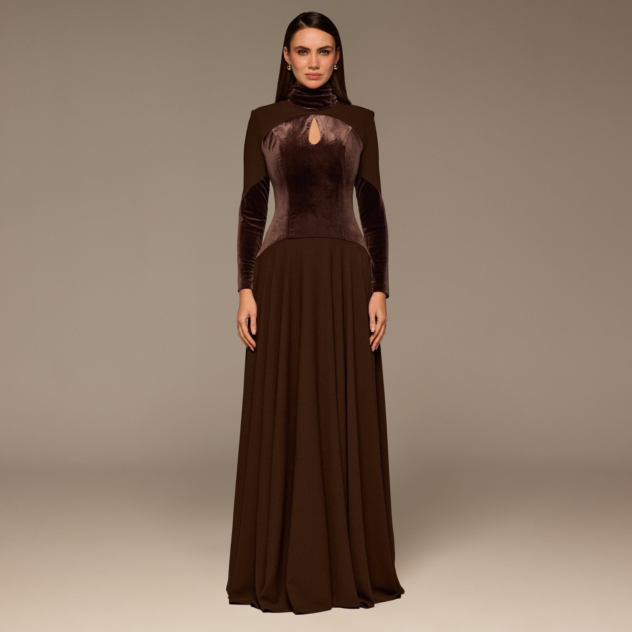 Brown High Neck Crepe and Velvet Maxi Dress - shopaleena