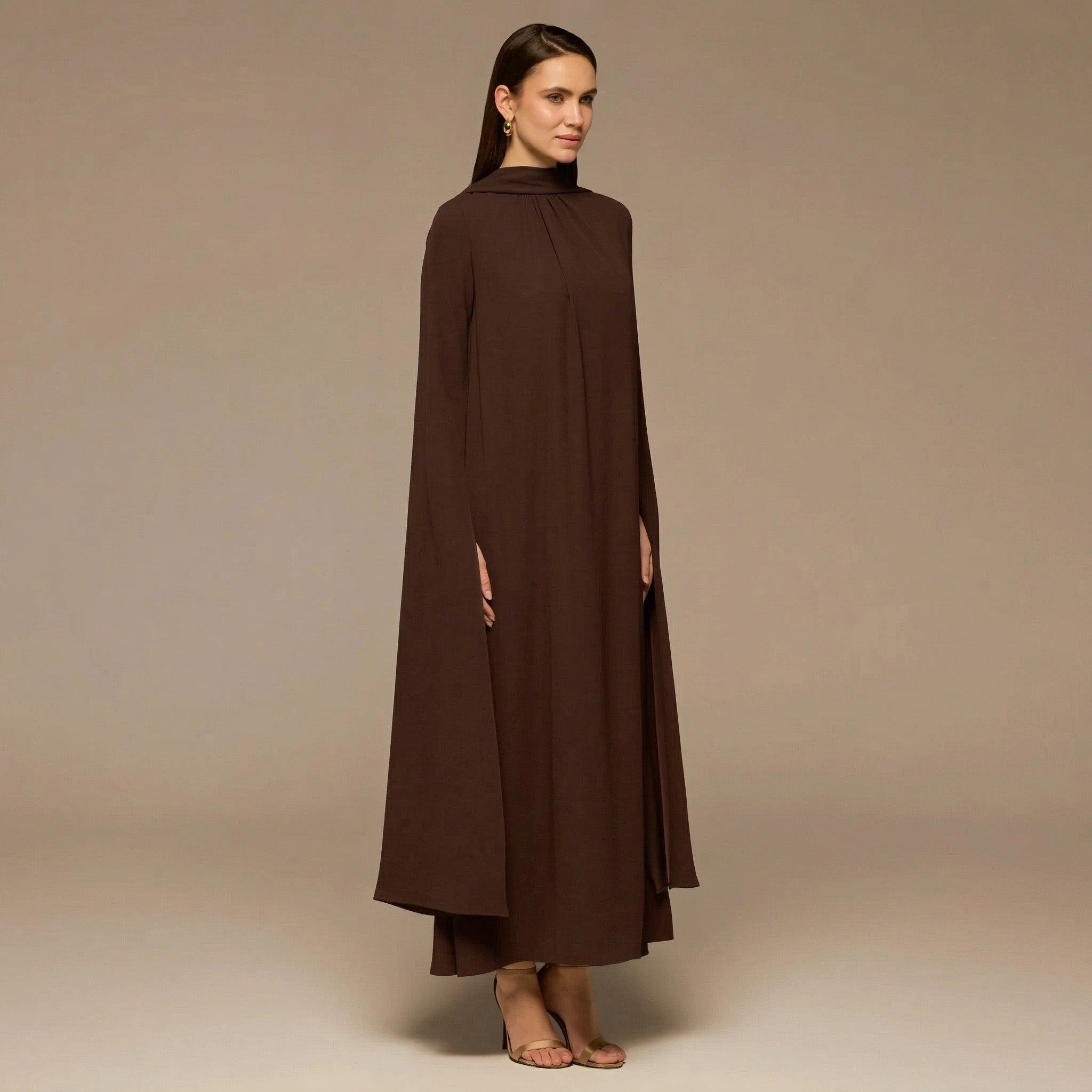 Brown High Neck Long Flared Sleeve Maxi Dress - shopaleena