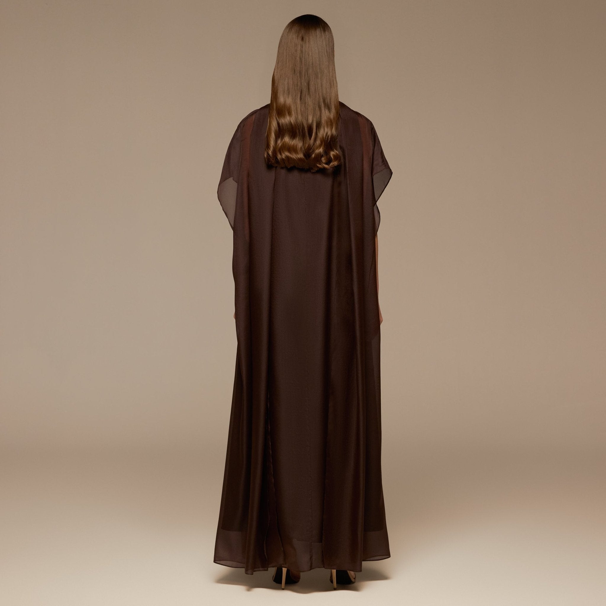 Brown High Neck Maxi Dress With Cape - shopaleena