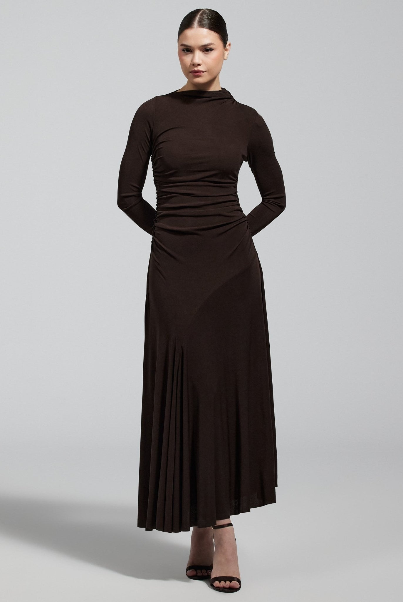 Brown Jersey Asymmetric Neck Midi Dress - shopaleena