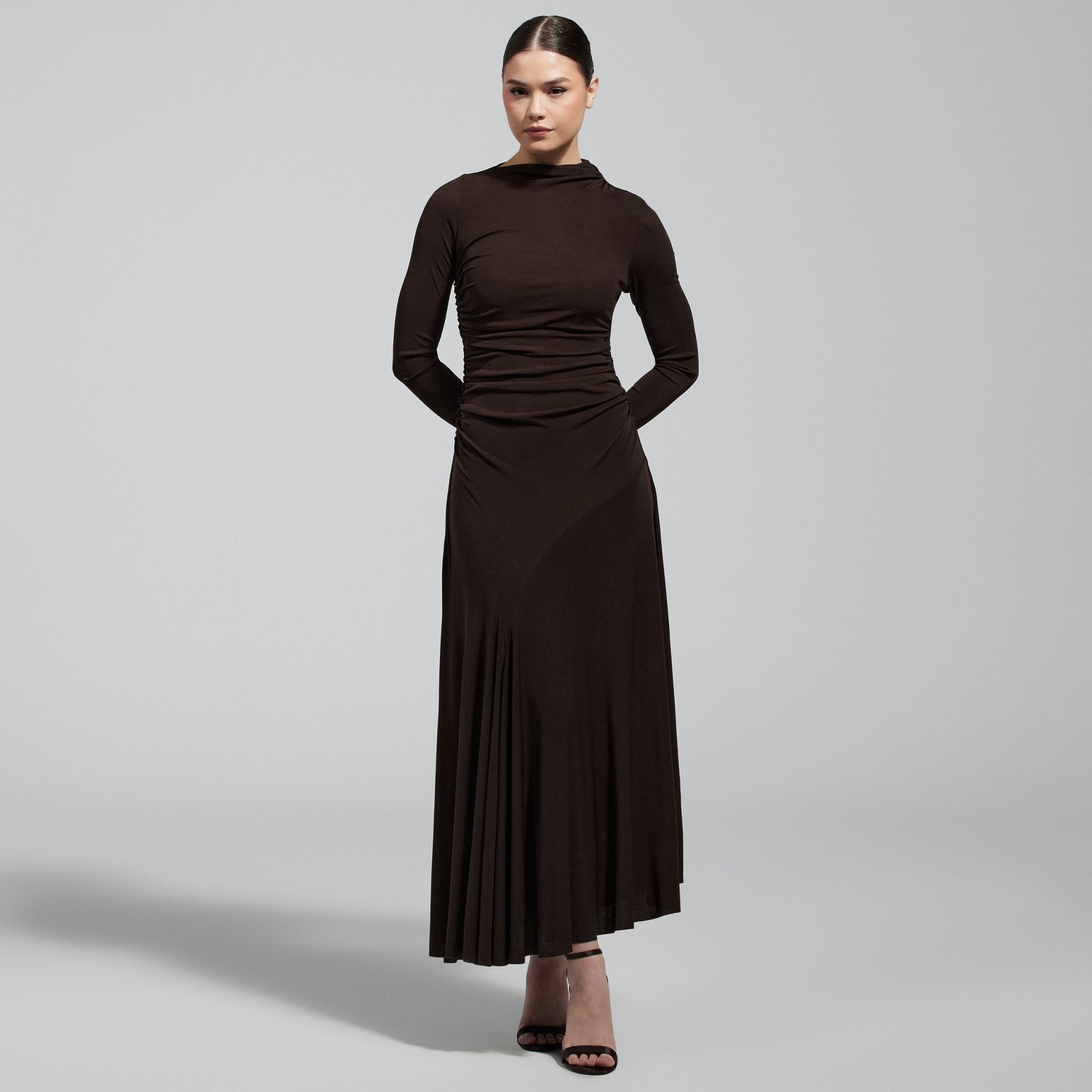 Brown Jersey Asymmetric Neck Midi Dress - shopaleena