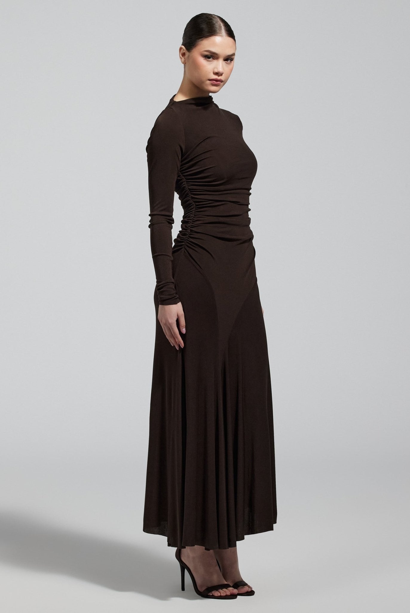 Brown Jersey Asymmetric Neck Midi Dress - shopaleena