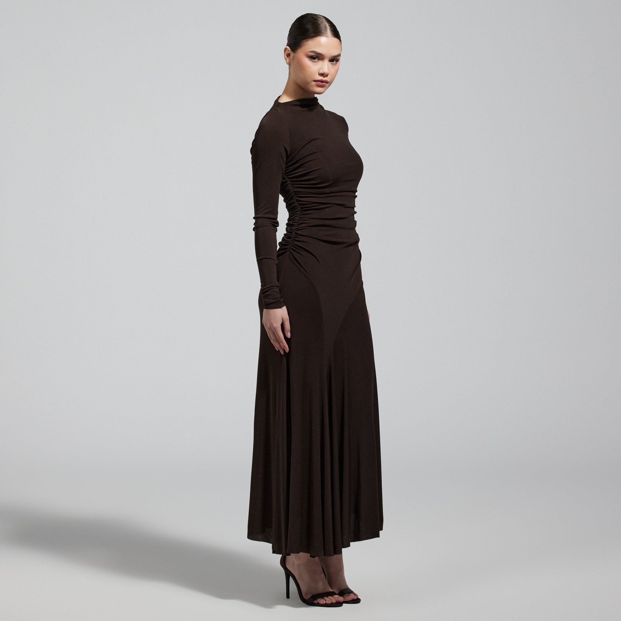 Brown Jersey Asymmetric Neck Midi Dress - shopaleena