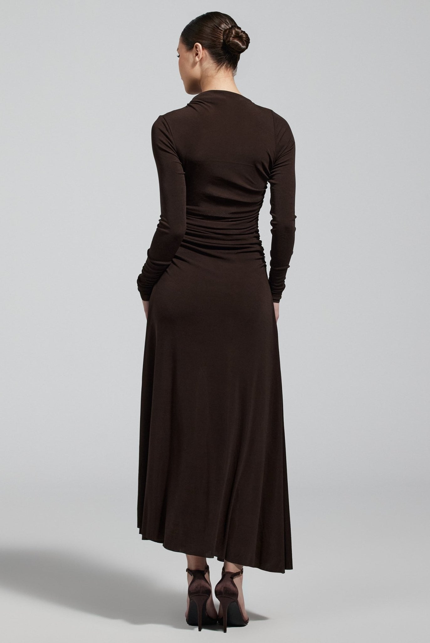 Brown Jersey Asymmetric Neck Midi Dress - shopaleena