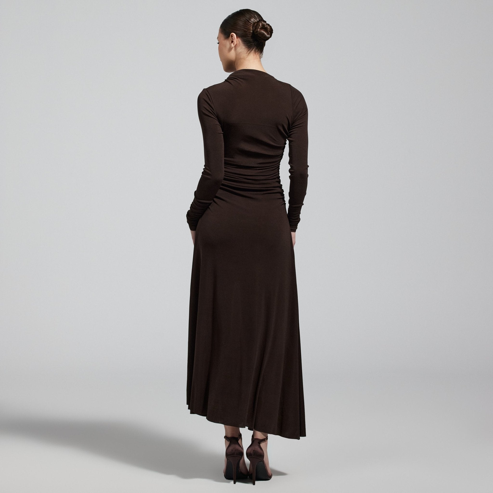 Brown Jersey Asymmetric Neck Midi Dress - shopaleena