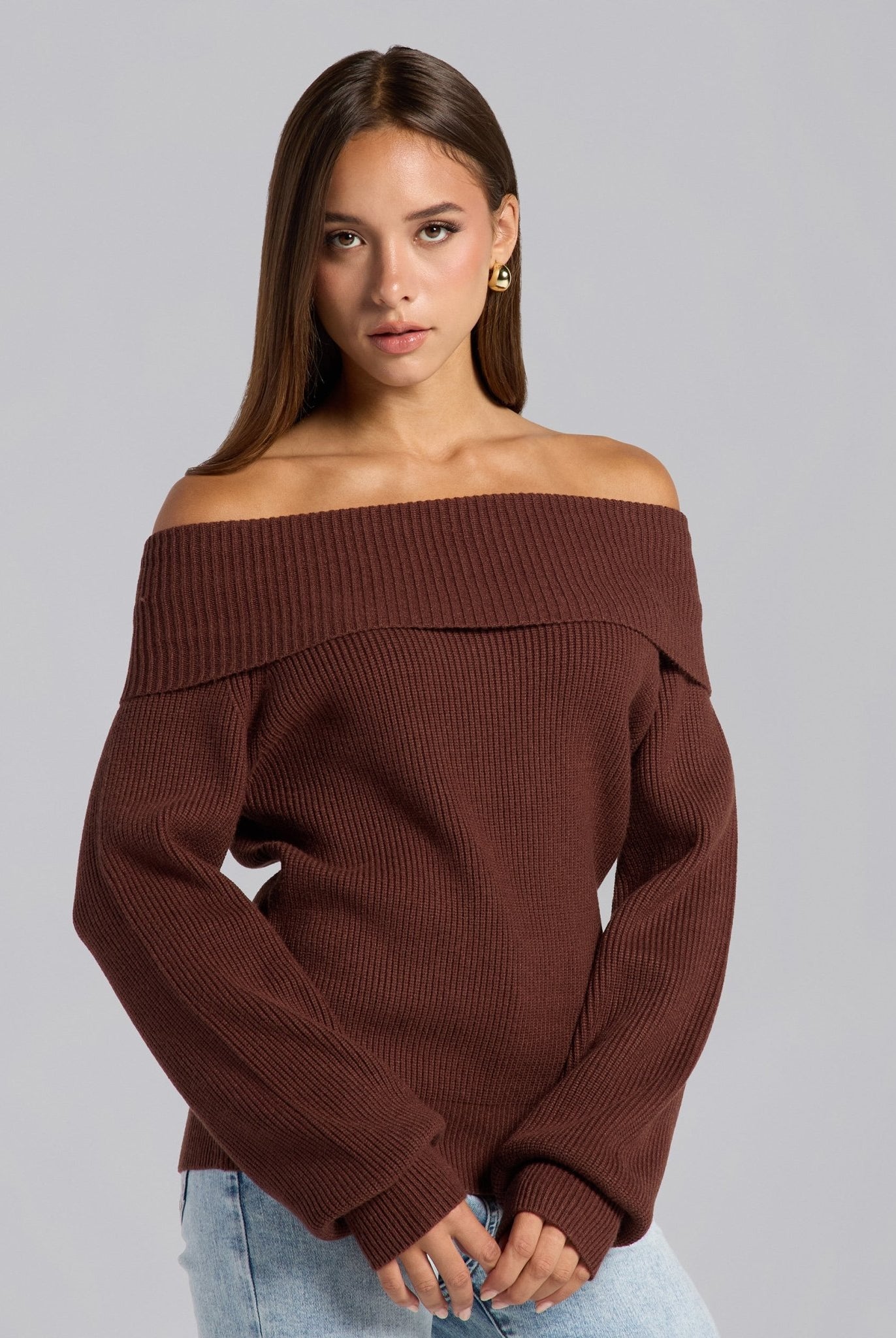 Brown Knit Fold Off Shoulder Balloon Sleeve Sweater - shopaleena