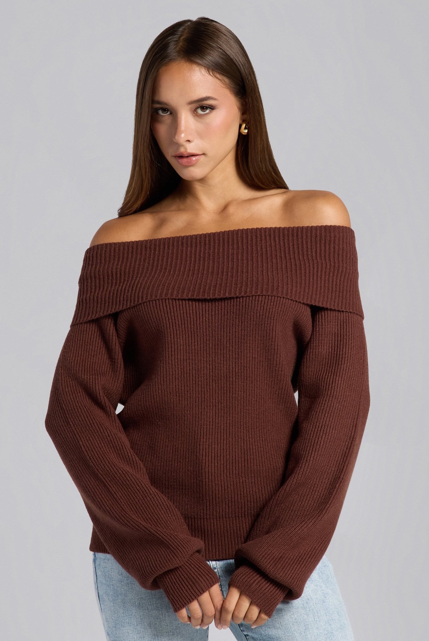 Brown Knit Fold Off Shoulder Balloon Sleeve Sweater - shopaleena